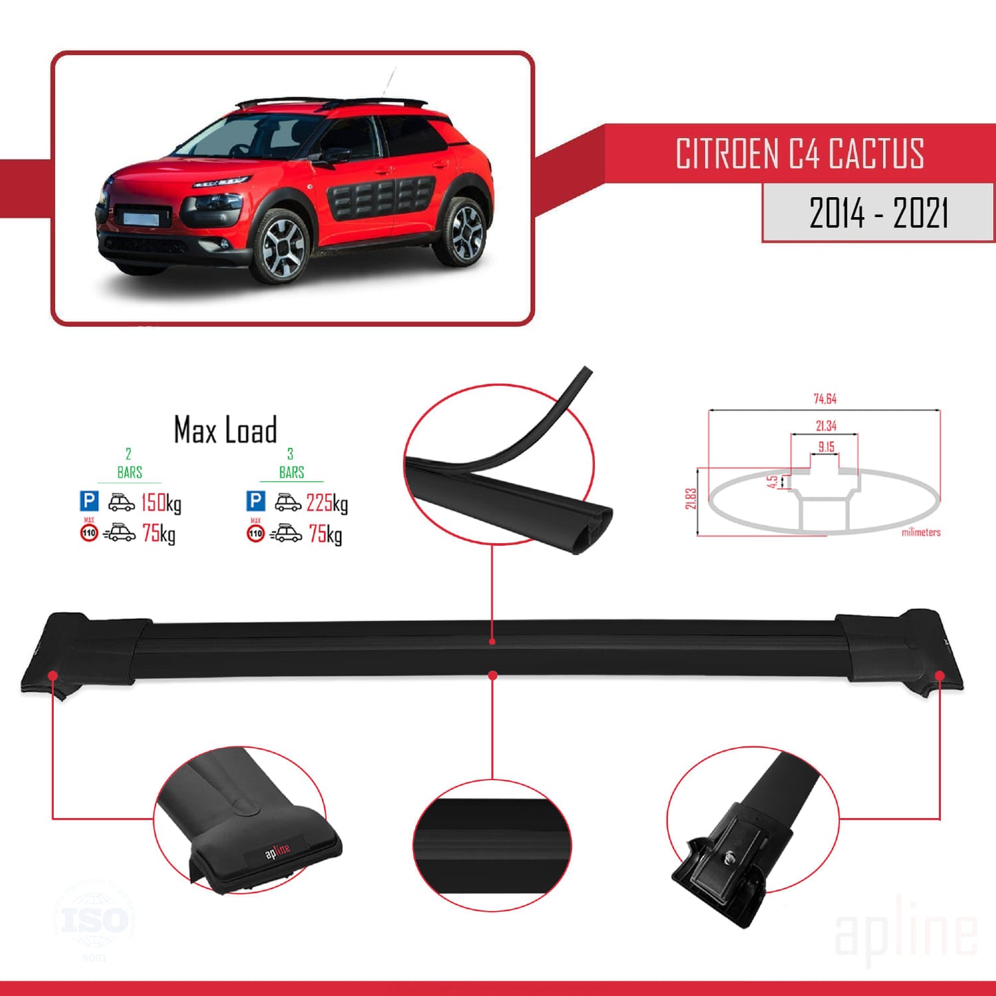 Compatible avec Citroen C4 Cactus 2014-2021 FLY Model Barres de Toit Railing Porte-Bagages de Voiture Noir Aluminium 2 Barres
