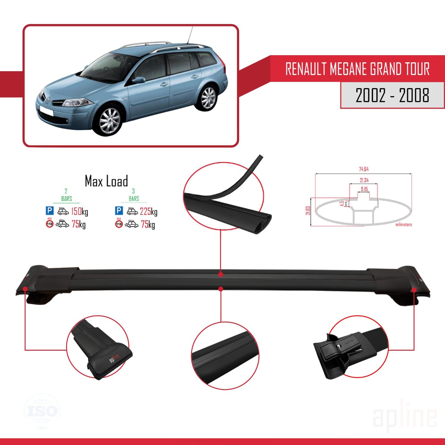 Compatible avec Renault Megane Grand Tour 2002-2008 FLY Model Barres de Toit Railing Porte-Bagages de Voiture Noir Aluminium 3 Barres