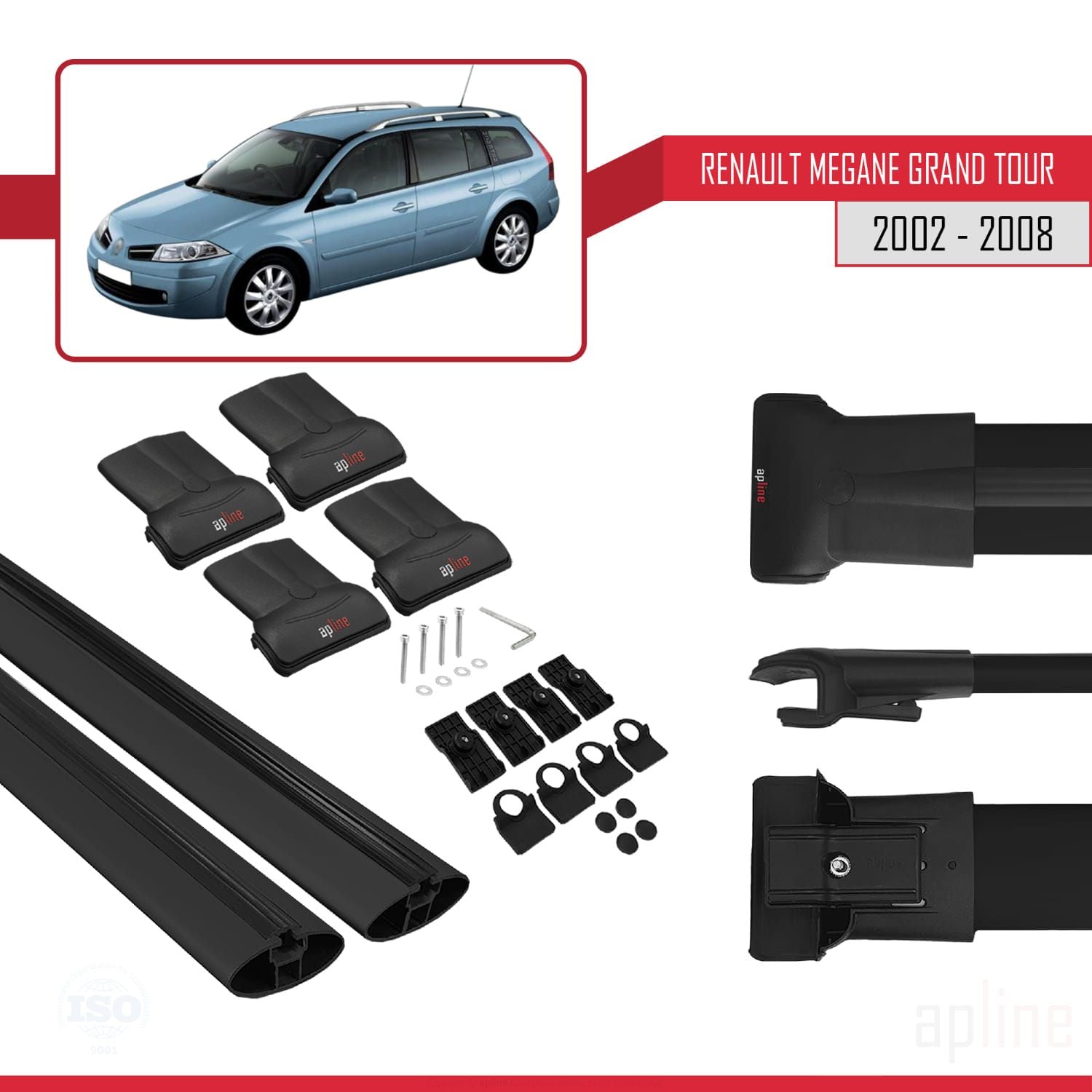 Compatible avec Renault Megane Grand Tour 2002-2008 FLY Model Barres de Toit Railing Porte-Bagages de Voiture Noir Aluminium 2 Barres