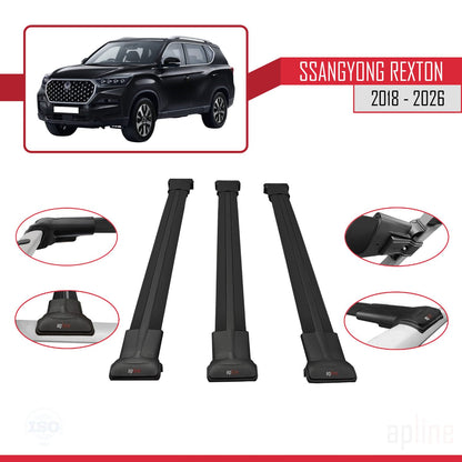 Compatible avec SsangYong Rexton 2018-2025 FLY Model Barres de Toit Railing Porte-Bagages de Voiture Noir Aluminium 3 Barres