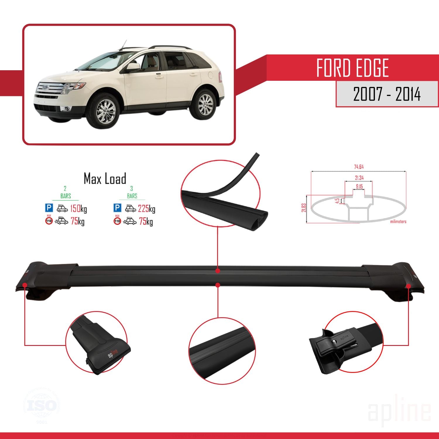 Compatible avec Ford Edge 2007-2014 FLY Model Barres de Toit Railing Porte-Bagages de Voiture Noir Aluminium 3 Barres