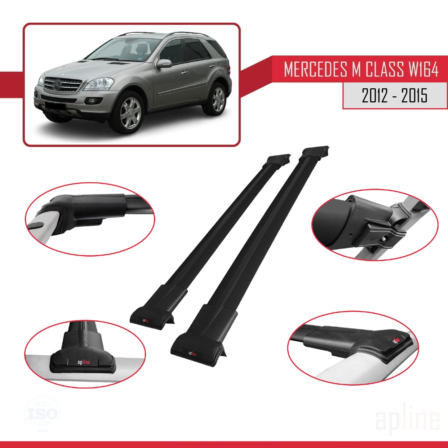 Compatible avec Mercedes Classe M 3 (W166) Pre-Facelift 2012-2015 FLY Model Barres de Toit Railing Porte-Bagages de Voiture Noir Aluminium 2 Barres