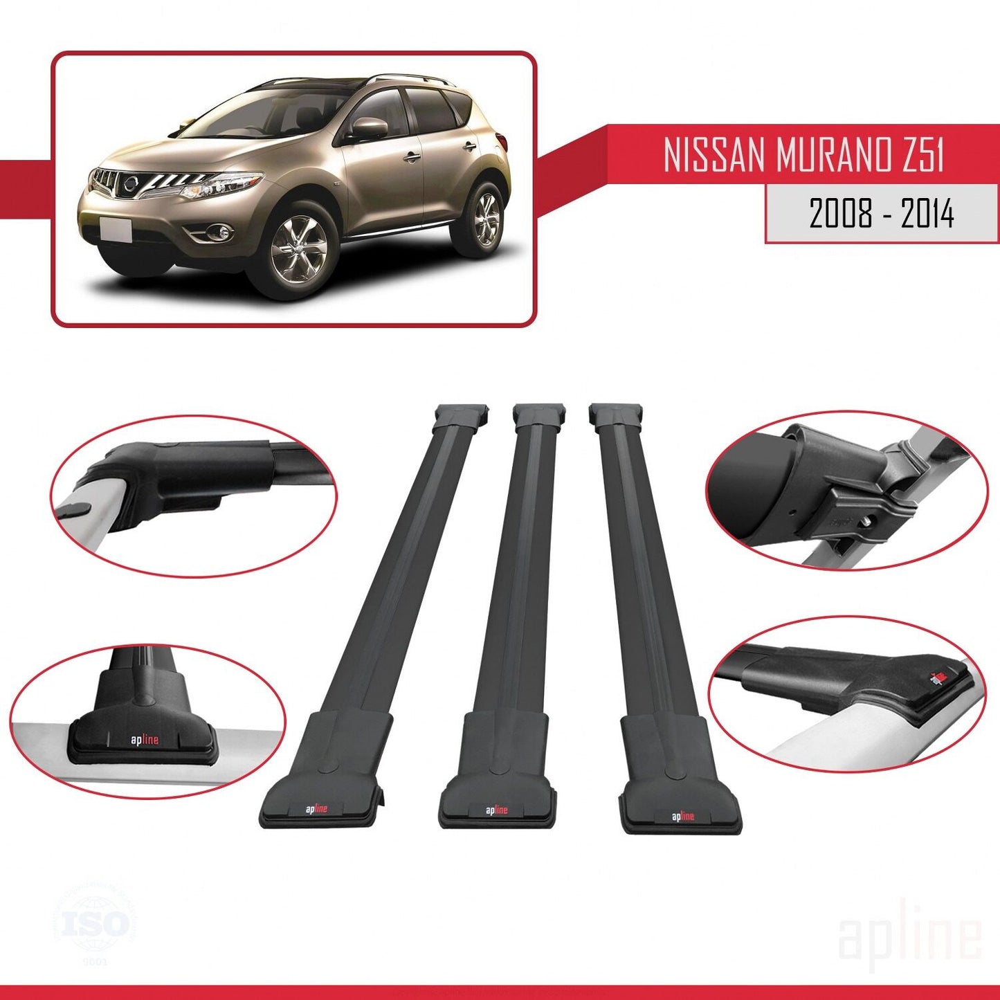 Compatible with Nissan Murano 2 (Z51) 2008-2014 FLY Model Car Roof Rack Cross Bar Black Aluminium 3 Bars