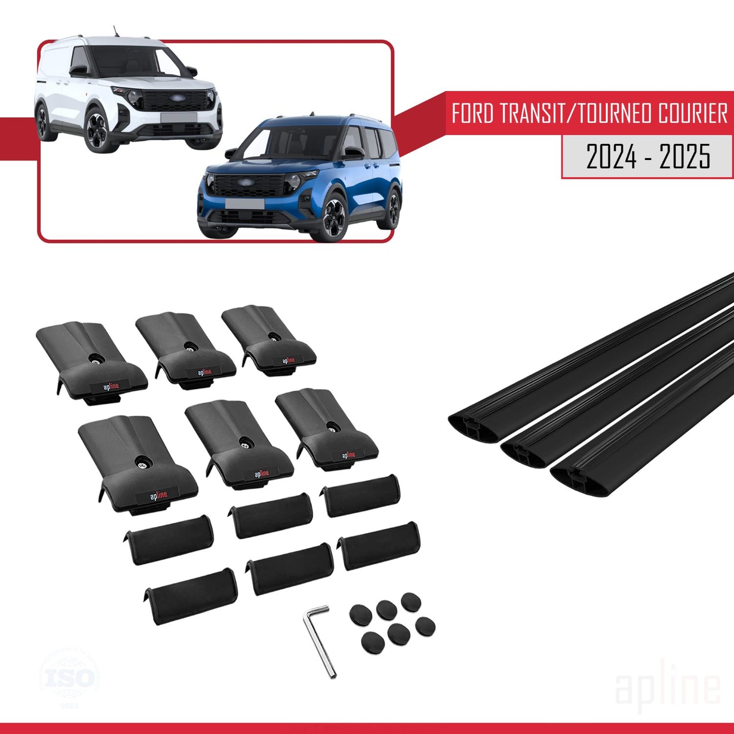 Compatible avec Ford Transit/Tourneo Courier 2024-2025 FLY Model Barres de Toit Railing Porte-Bagages de Voiture Noir Aluminium 3 Barres