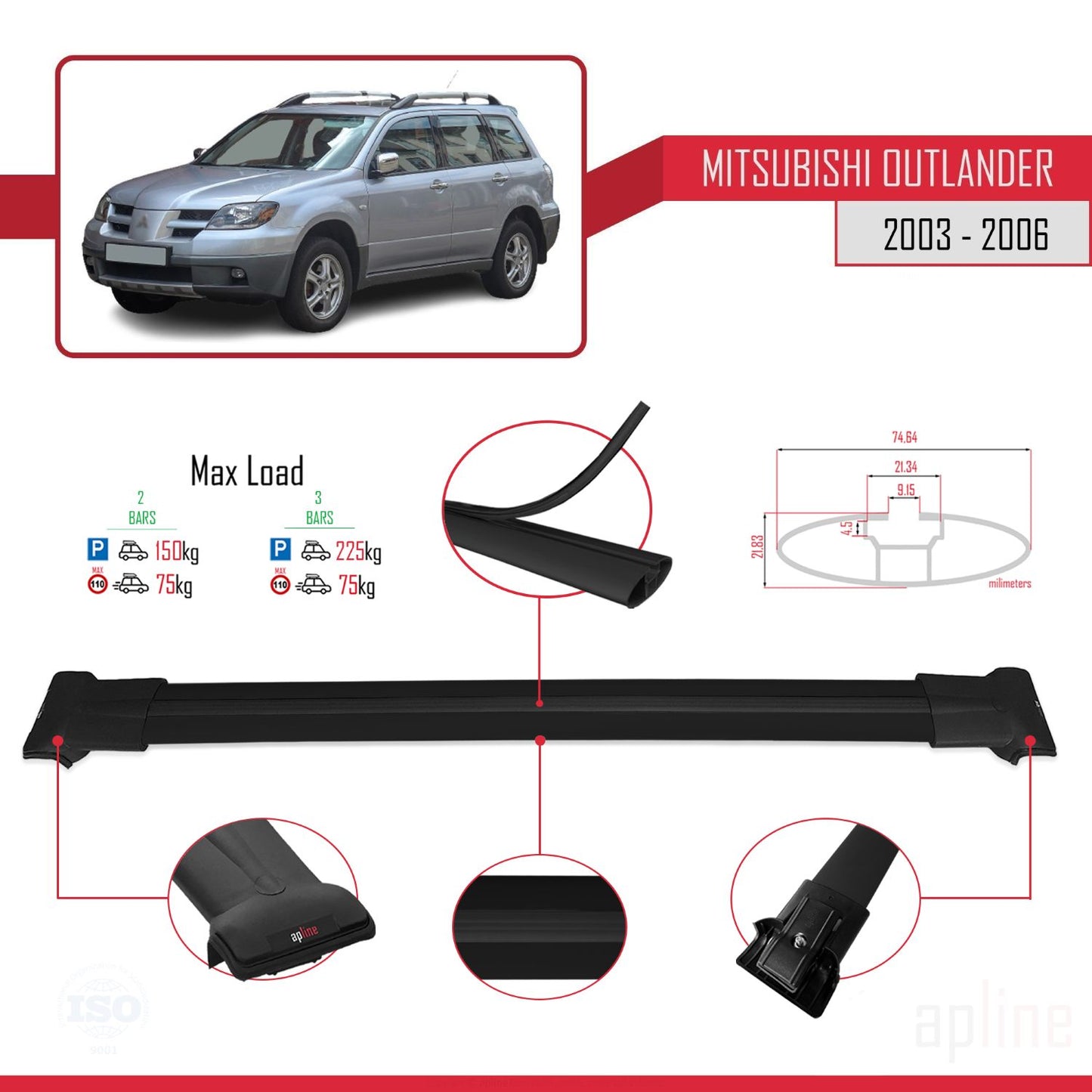Compatible with Mitsubishi Outlander 2003-2006 FLY Model Car Roof Rack Cross Bar Black Aluminium 2 Bars