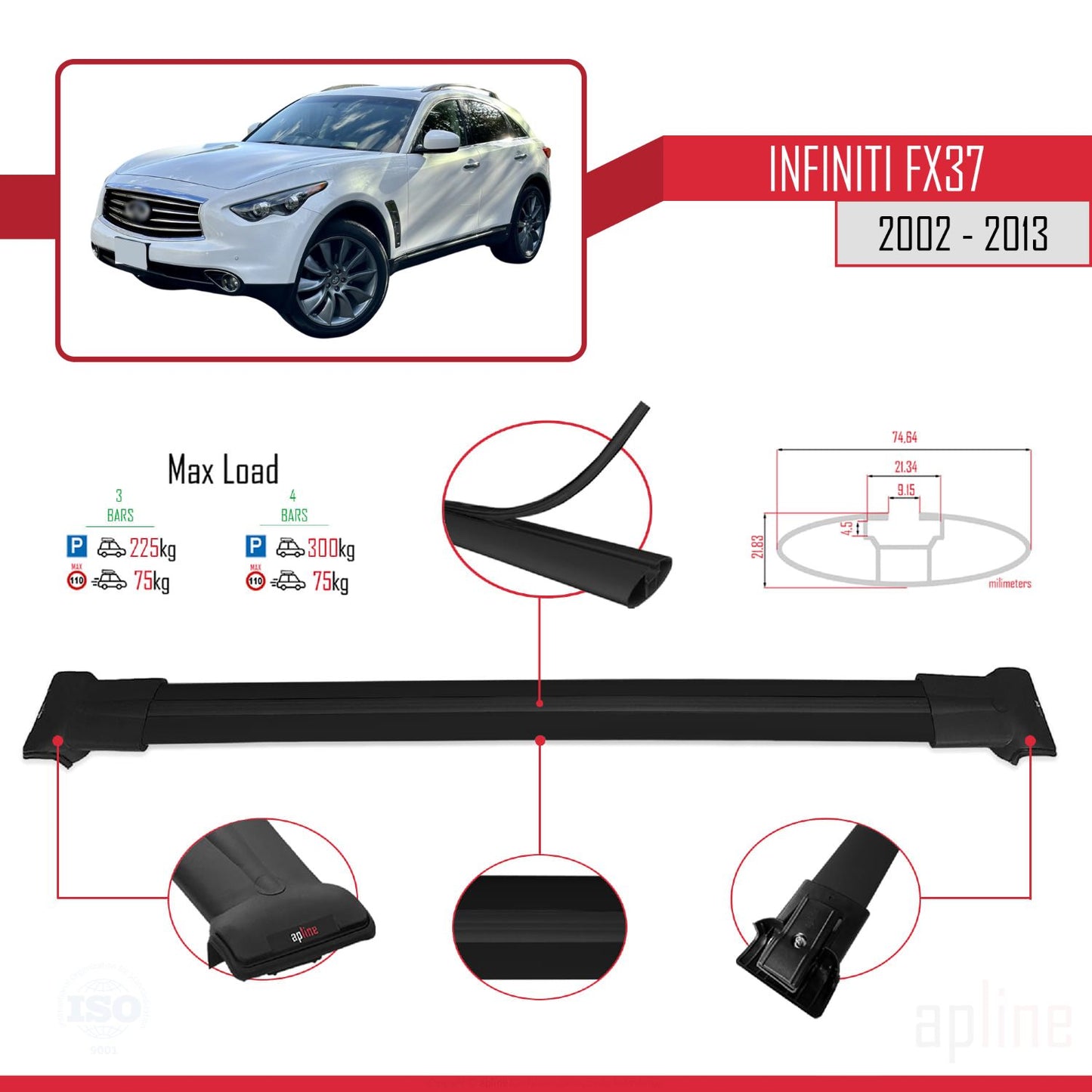 Compatible avec Infiniti FX37 2002-2013 FLY Model Barres de Toit Railing Porte-Bagages de Voiture Noir Aluminium 3 Barres