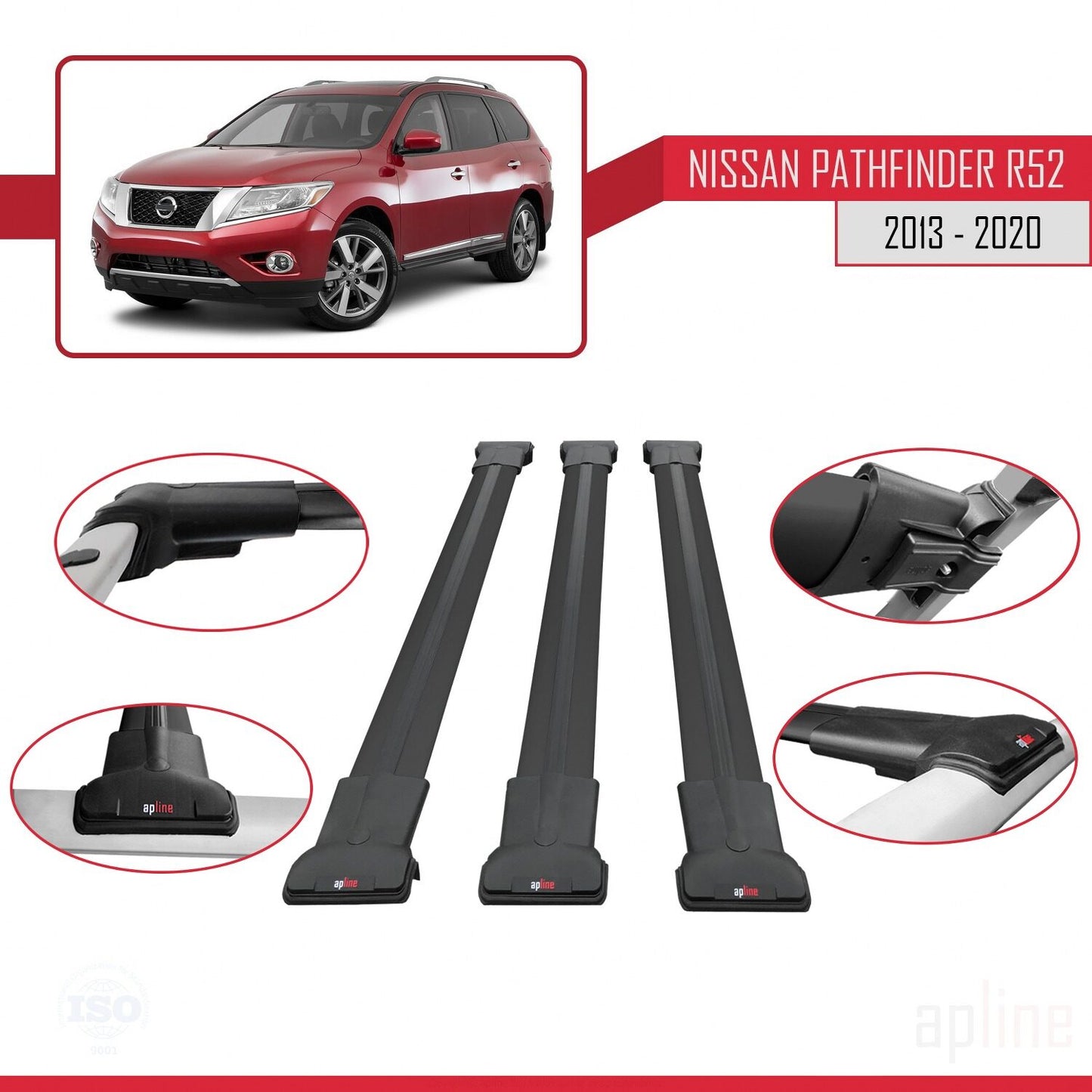 Compatible avec Nissan Pathfinder 4 (R52) 2013-2020 FLY Model Barres de Toit Railing Porte-Bagages de Voiture Noir Aluminium 3 Barres