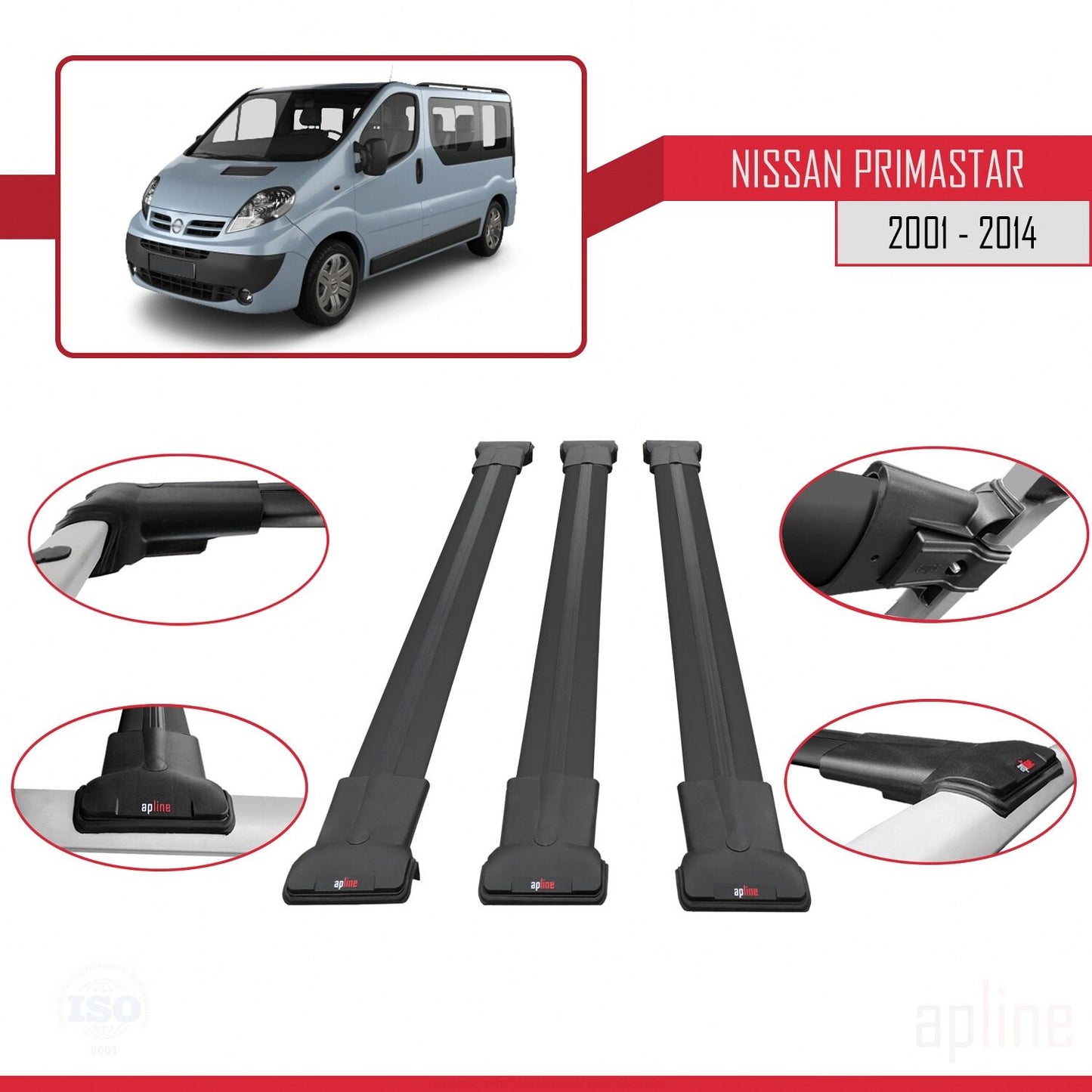 Compatible with Nissan Primastar 2001-2014 FLY Model Car Roof Rack Cross Bar Black Aluminium 3 Bars