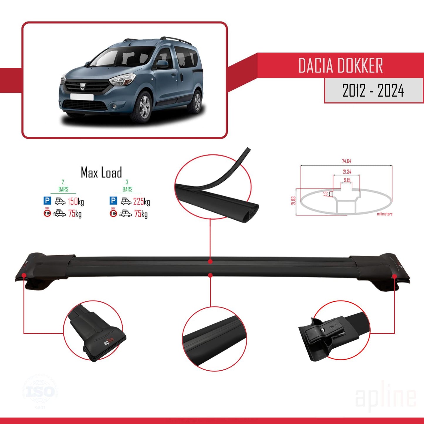 Compatible avec Dacia Dokker (K67) 2012-2024 FLY Model Barres de Toit Railing Porte-Bagages de Voiture Noir Aluminium 3 Barres