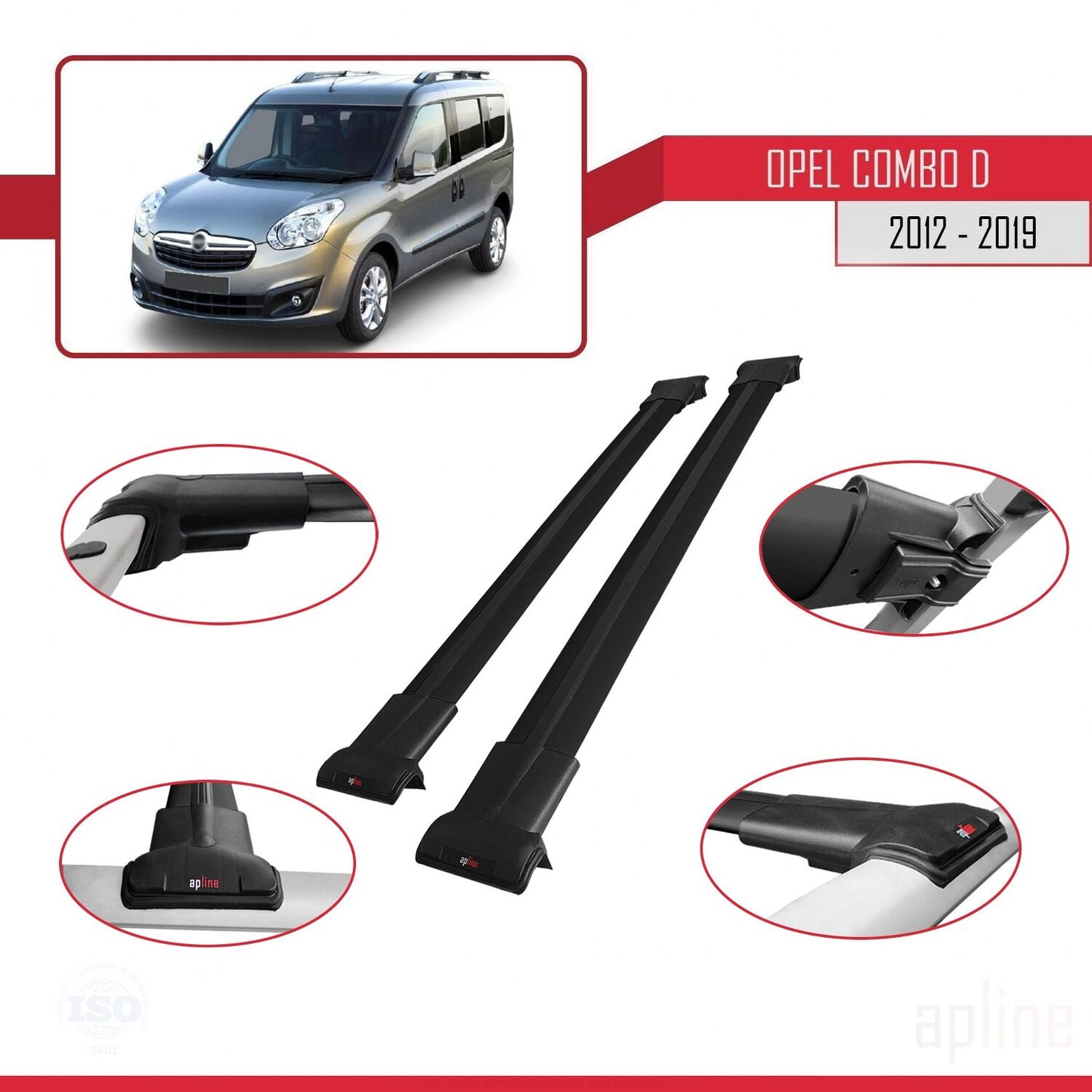 Compatible avec Opel Combo D 2012-2018 FLY Model Barres de Toit Railing Porte-Bagages de Voiture Noir Aluminium 2 Barres