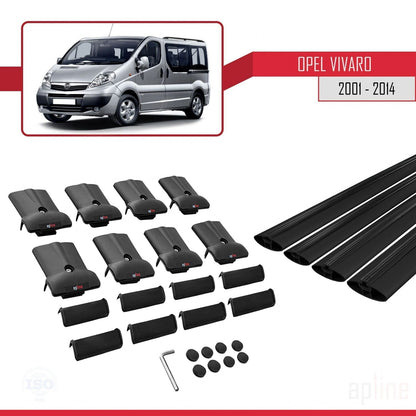 Compatible avec Opel Vivaro A 2001-2014 FLY Model Barres de Toit Railing Porte-Bagages de Voiture Noir Aluminium 4 Barres