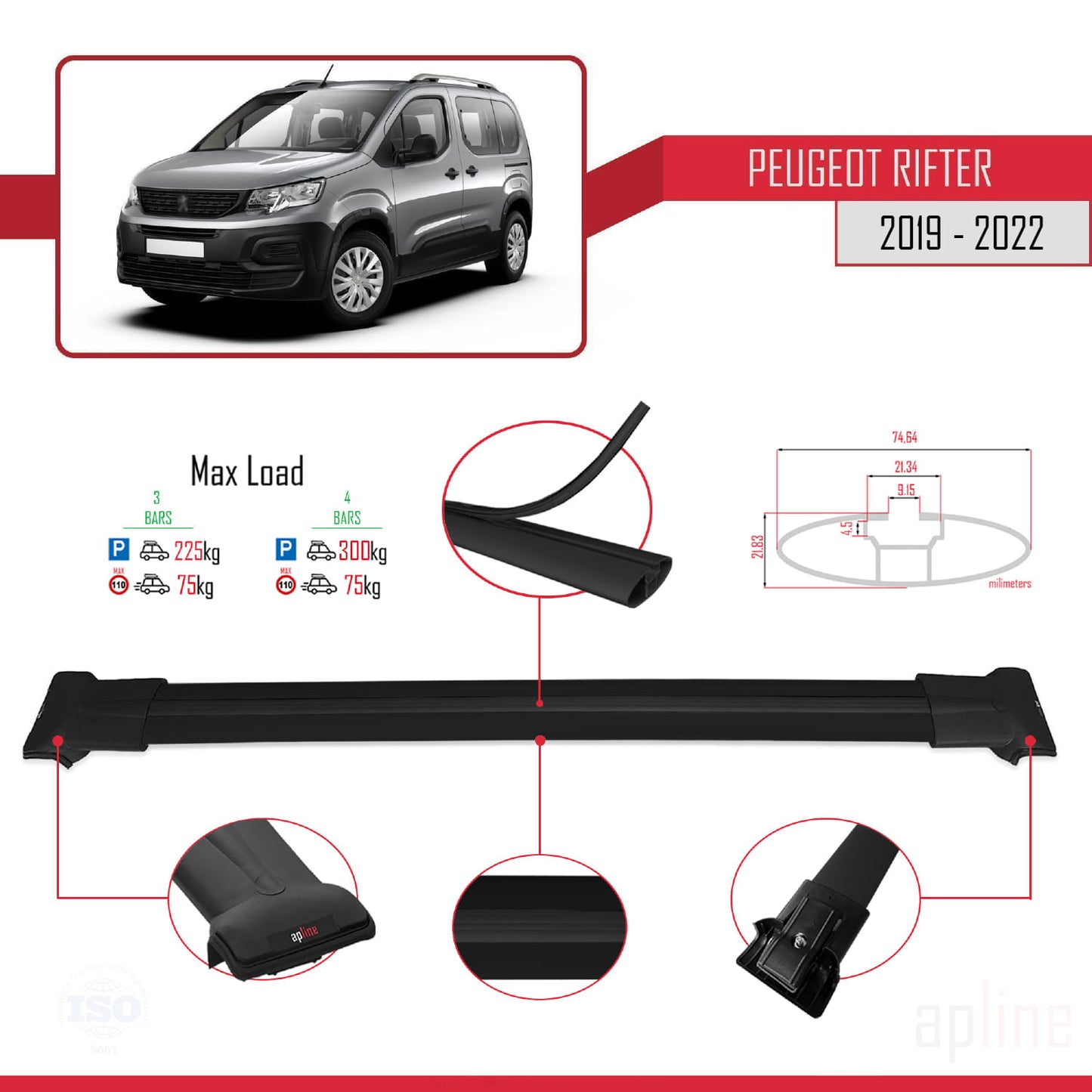 Compatible avec Peugeot Rifter 2019-2022 FLY Model Barres de Toit Railing Porte-Bagages de Voiture Noir Aluminium 4 Barres