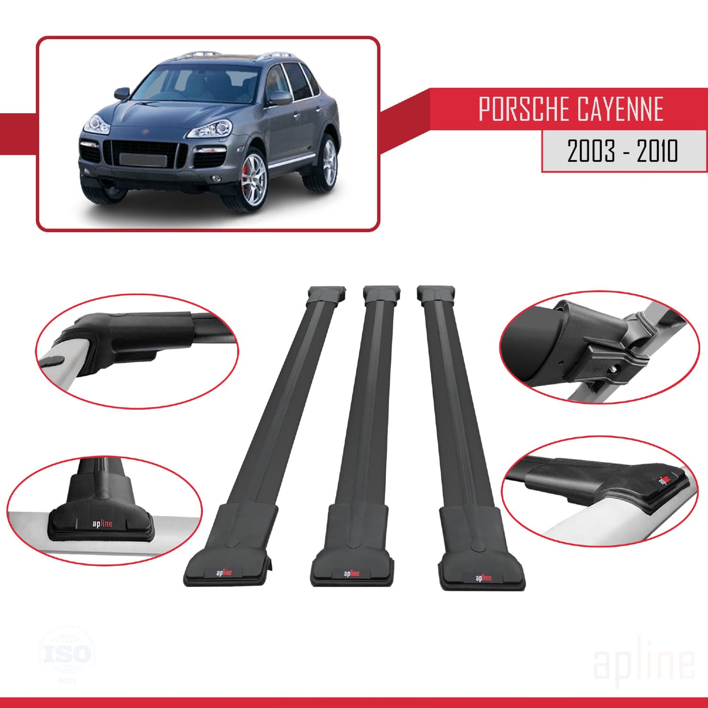 Compatible avec Porsche Cayenne (9PA) 2003-2010 FLY Model Barres de Toit Railing Porte-Bagages de Voiture Noir Aluminium 3 Barres