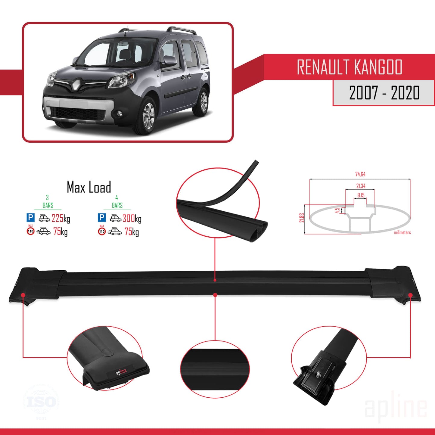 Compatible avec Renault Kangoo 2 (X61) 2007-2020 FLY Model Barres de Toit Railing Porte-Bagages de Voiture Noir Aluminium 3 Barres