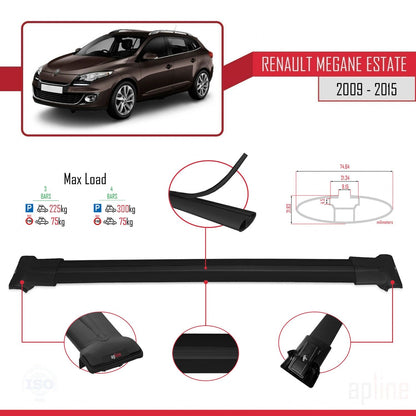 Compatible avec Renault Megane 3 ST 2009-2015 FLY Model Barres de Toit Railing Porte-Bagages de Voiture Noir Aluminium 3 Barres