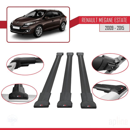 Compatible avec Renault Megane 3 ST 2009-2015 FLY Model Barres de Toit Railing Porte-Bagages de Voiture Noir Aluminium 3 Barres