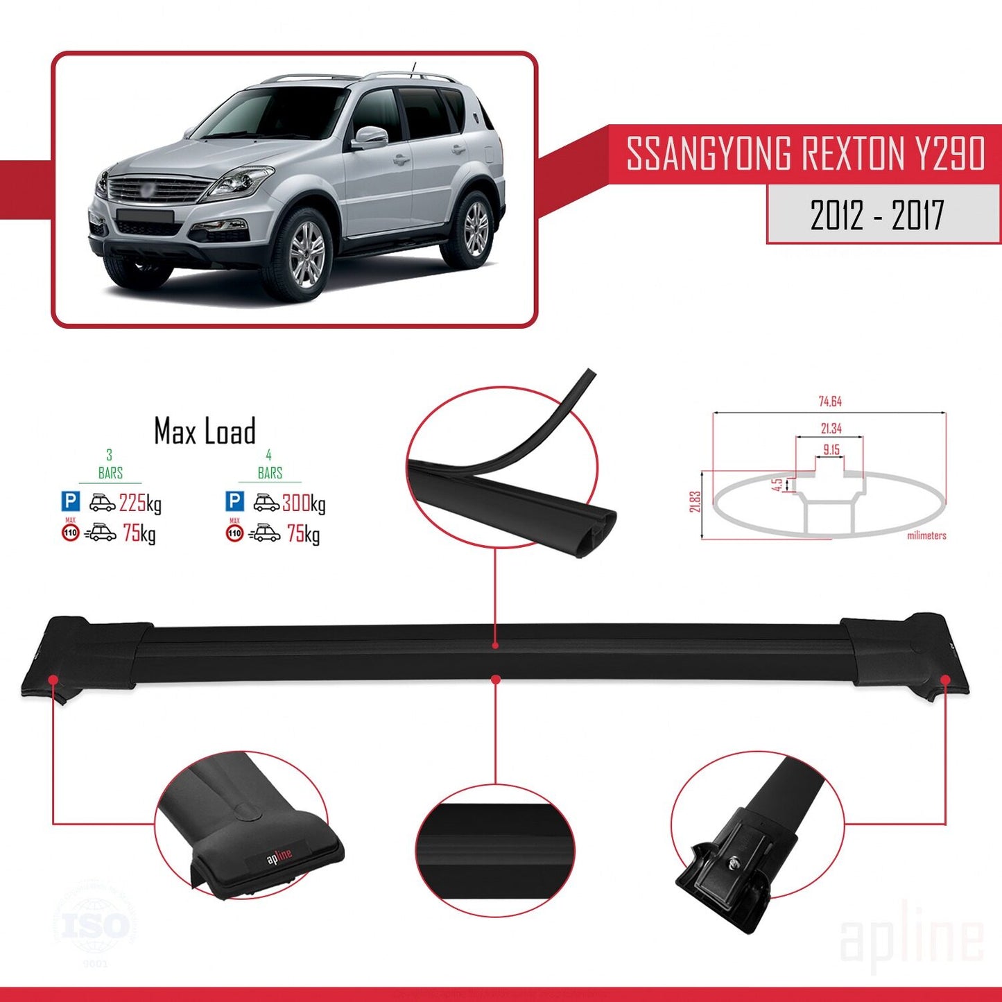 Compatible avec Ssangyong Rexton (Y290) 2012-2017 FLY Model Barres de Toit Railing Porte-Bagages de Voiture Noir Aluminium 3 Barres