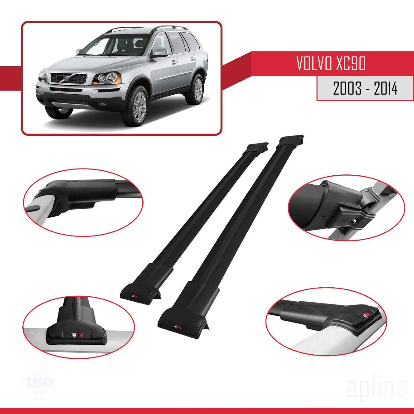 Compatible avec Volvo XC90 2003-2014 FLY Model Barres de Toit Railing Porte-Bagages de Voiture Noir Aluminium 2 Barres