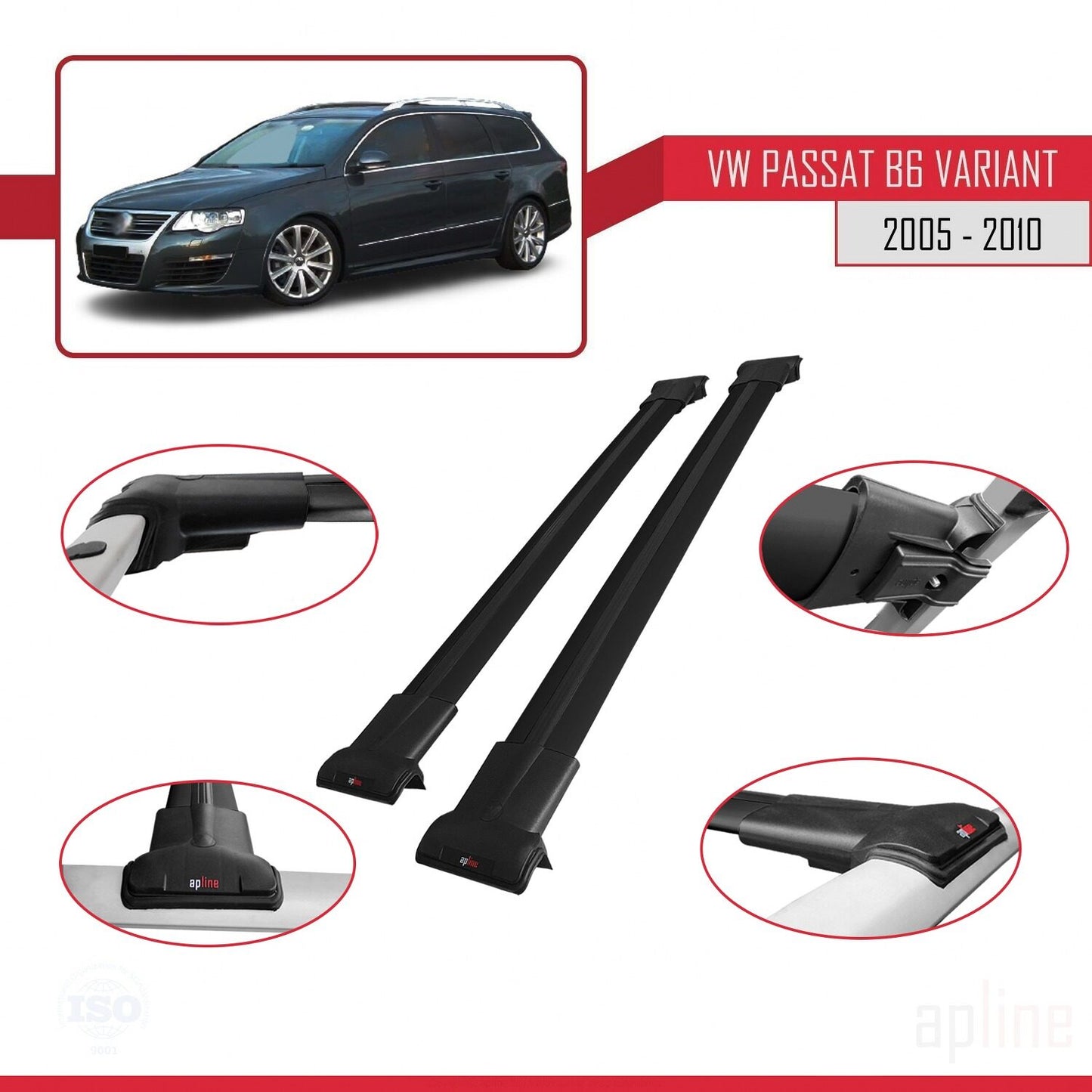 Compatible avec Volkswagen Passat B6 (3C) Variant 2005-2010 FLY Model Barres de Toit Railing Porte-Bagages de Voiture Noir Aluminium 2 Barres