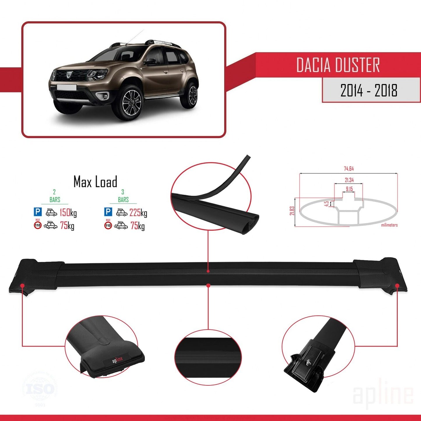 Compatible avec Dacia Duster (HS) Post-Facelift 2014-2017 FLY Model Barres de Toit Railing Porte-Bagages de Voiture Noir Aluminium 2 Barres