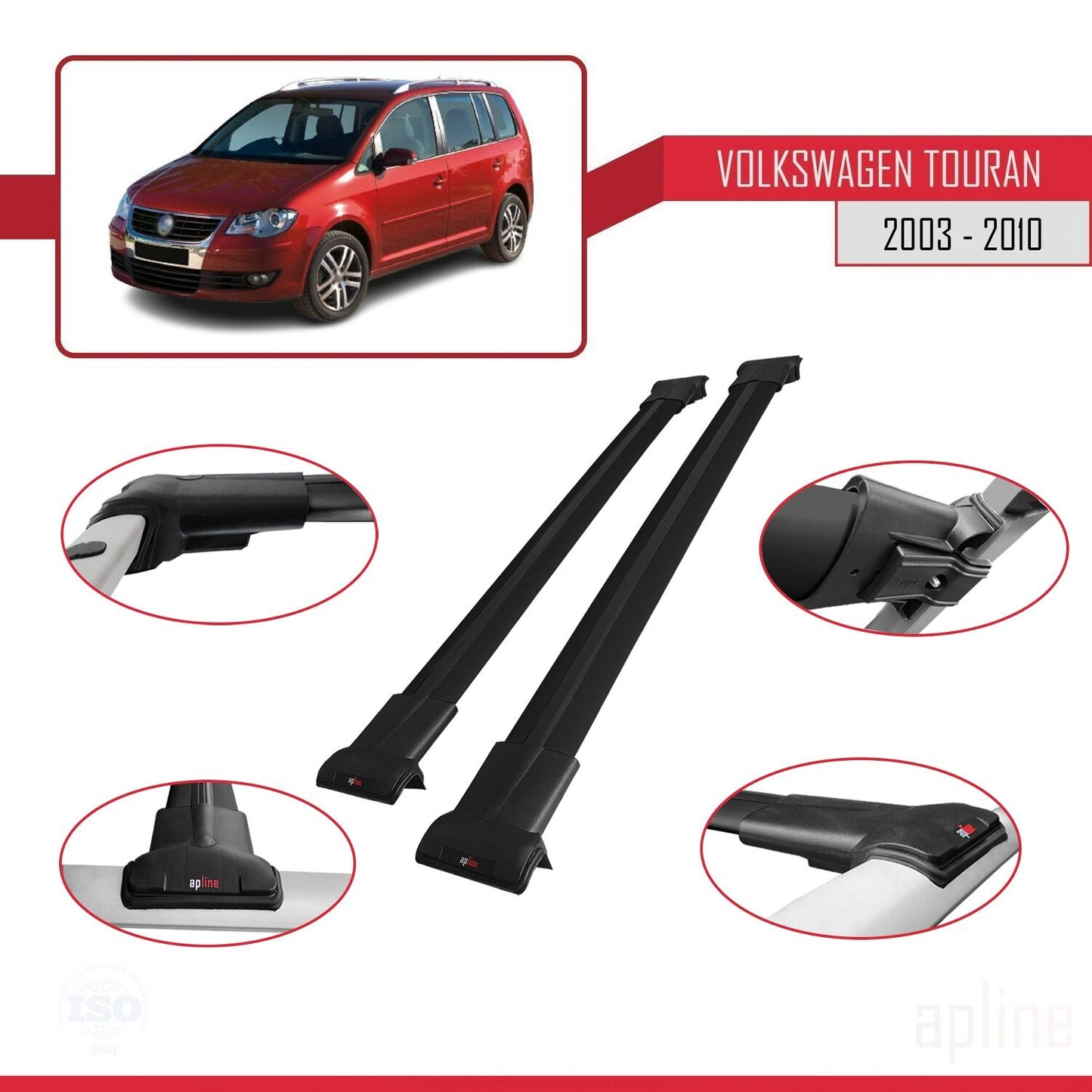 Compatible avec Volkswagen Touran (1T) Pre-Facelift 2003-2010 FLY Model Barres de Toit Railing Porte-Bagages de Voiture Noir Aluminium 2 Barres