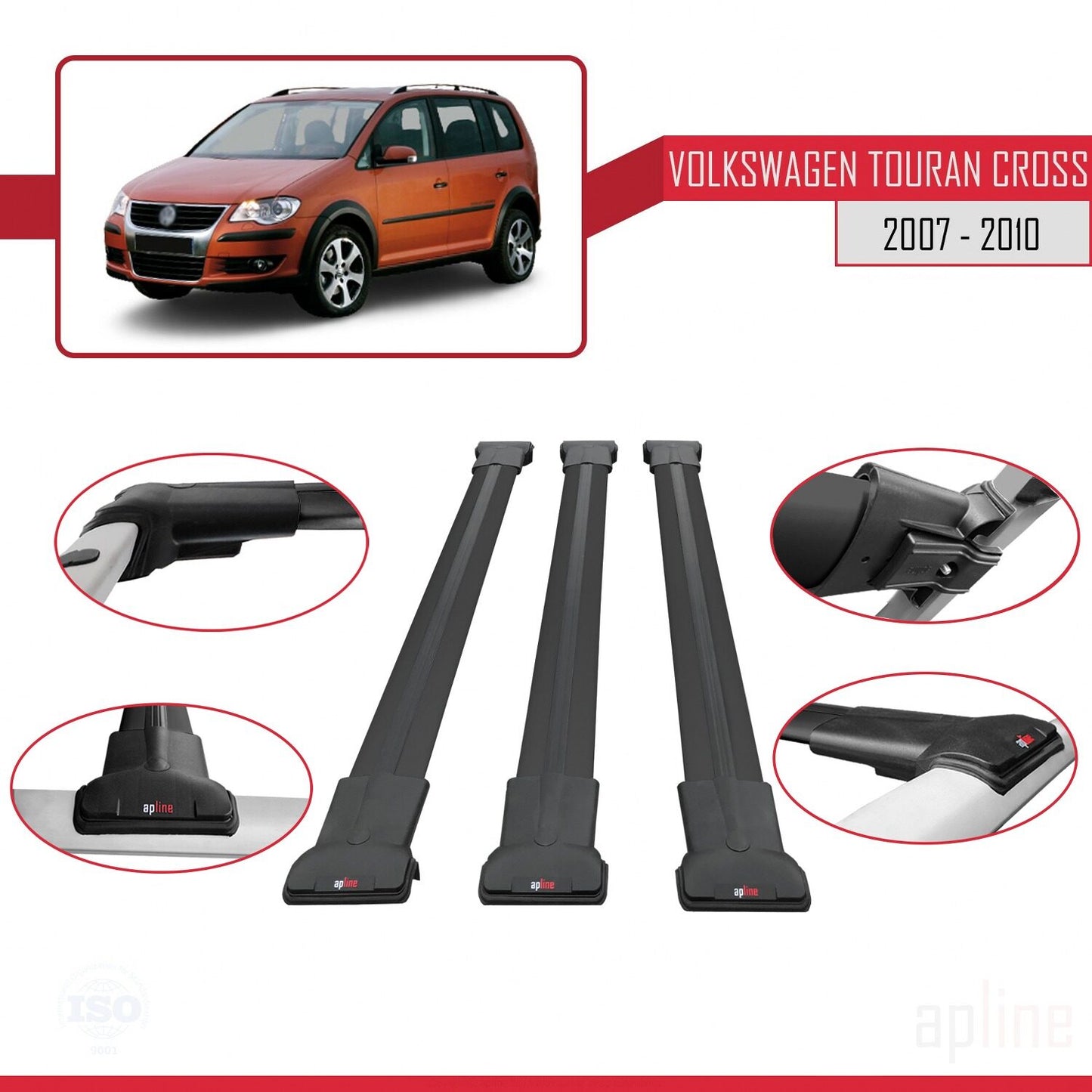 Compatible avec Volkswagen Touran Cross Pre-Facelift 2007-2010 FLY Model Barres de Toit Railing Porte-Bagages de Voiture Noir Aluminium 3 Barres