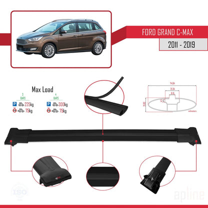 Compatible avec Ford Grand C-Max (C344) 2011-2019 FLY Model Barres de Toit Railing Porte-Bagages de Voiture Noir Aluminium 3 Barres