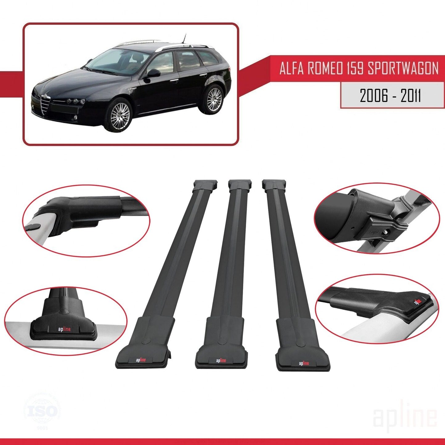 Compatible avec Alfa Romeo 159 (T939) Break 2006-2011 FLY Model Barres de Toit Railing Porte-Bagages de Voiture Noir Aluminium 3 Barres