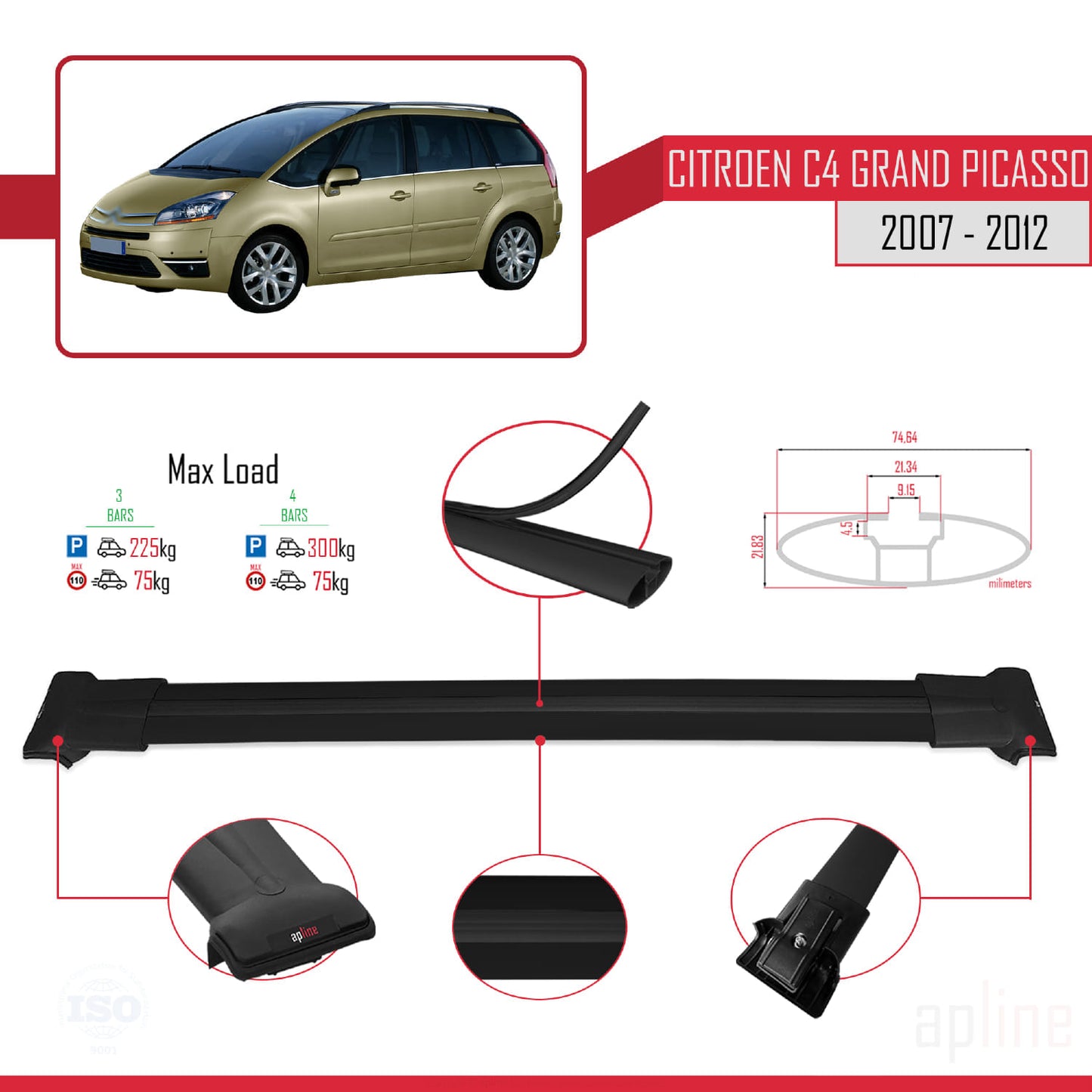 Compatible avec Citroen Grand C4 Picasso 2007-2012 FLY Model Barres de Toit Railing Porte-Bagages de Voiture Noir Aluminium 3 Barres