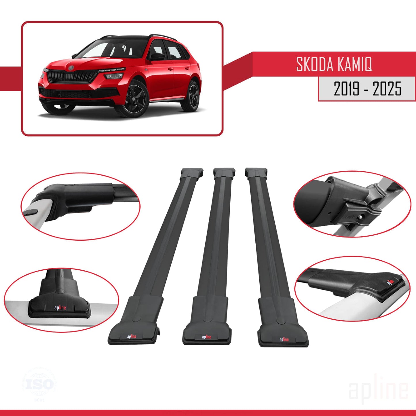 Compatible avec Skoda Kamiq 2019-2025 FLY Model Barres de Toit Railing Porte-Bagages de Voiture Noir Aluminium 3 Barres