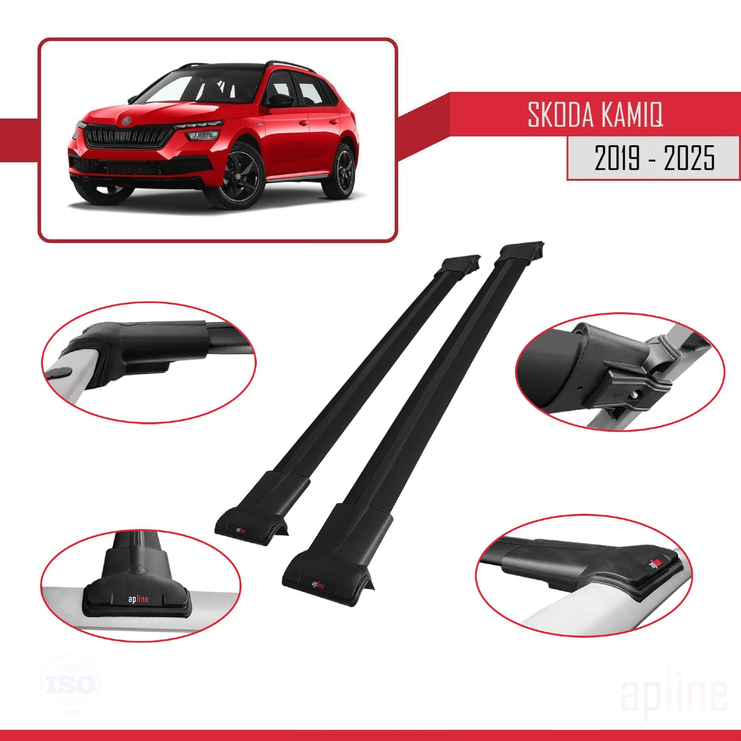 Compatible avec Skoda Kamiq 2019-2025 FLY Model Barres de Toit Railing Porte-Bagages de Voiture Noir Aluminium 2 Barres