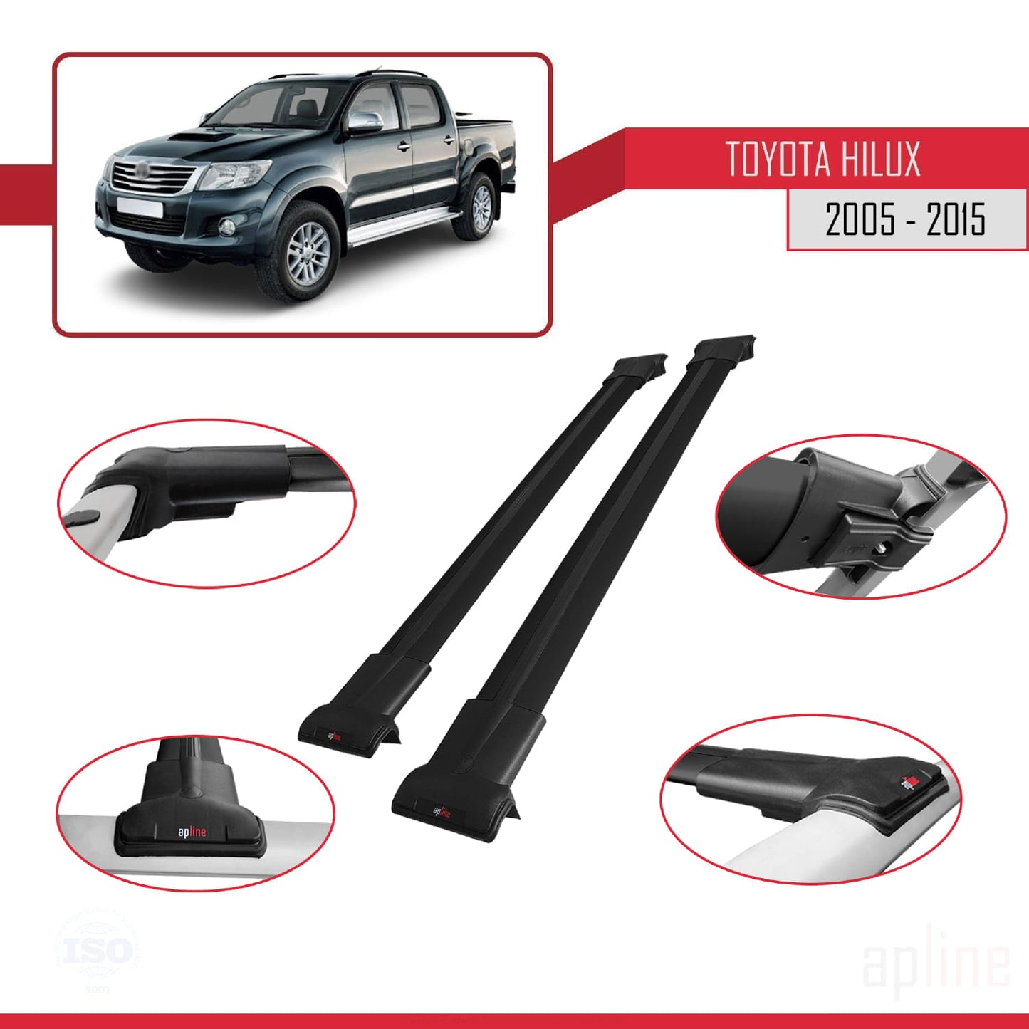 Compatible avec Toyota Hilux 7 (AN30) 2005-2015 FLY Model Barres de Toit Railing Porte-Bagages de Voiture Noir Aluminium 2 Barres