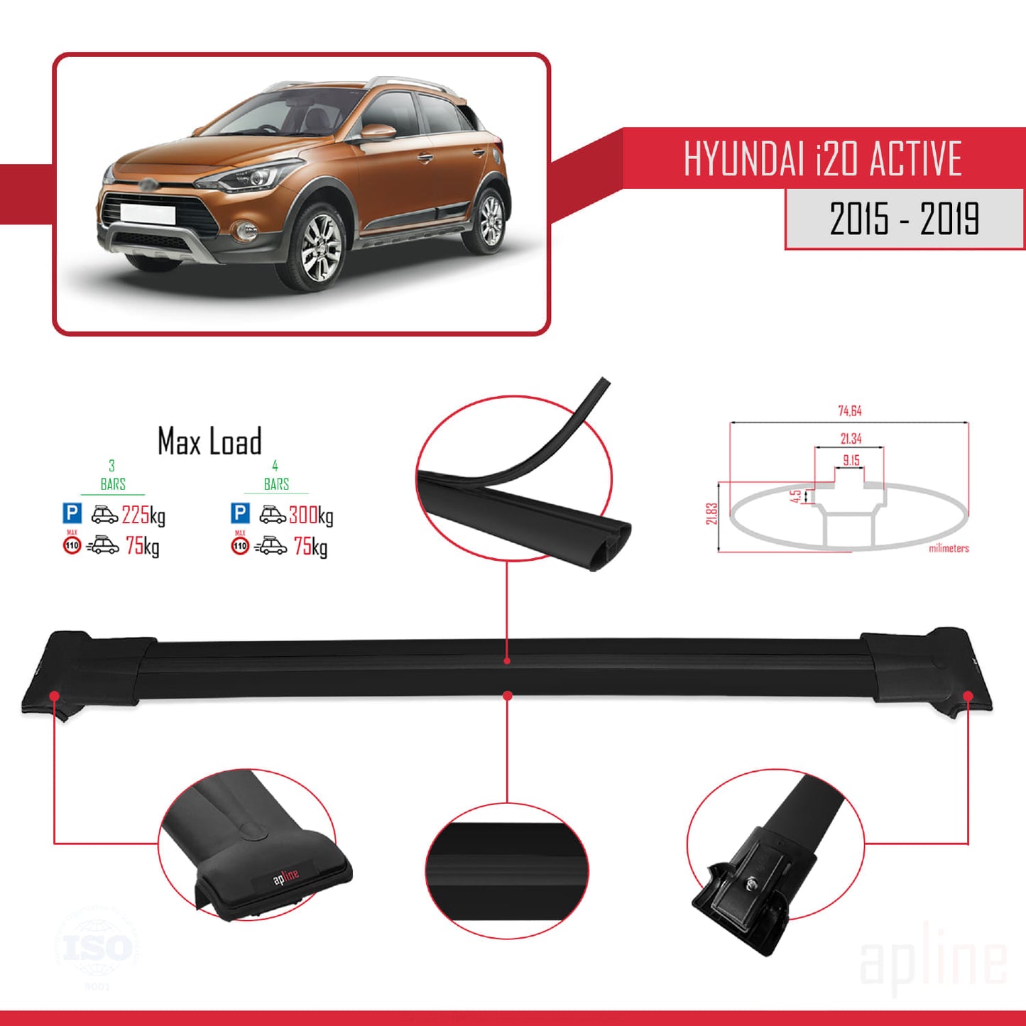 Compatible with Hyundai i20 II Active 2015-2019 FLY Model Car Roof Rack Cross Bar Black Aluminium 3 Bars