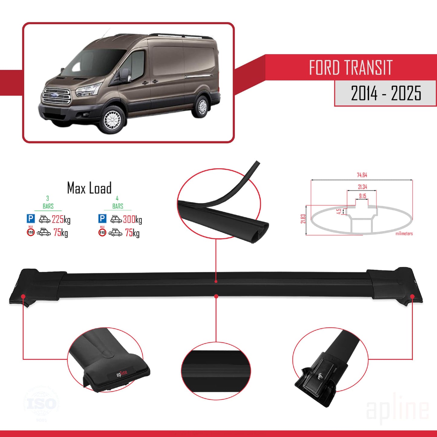 Compatible avec Ford Transit 2014-2025 FLY Model Barres de Toit Railing Porte-Bagages de Voiture Noir Aluminium 3 Barres