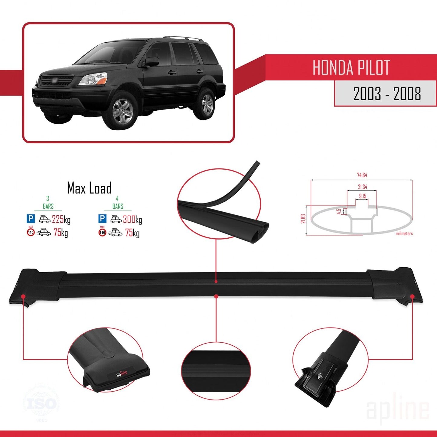 Compatible avec Honda Pilot 2003-2008 FLY Model Barres de Toit Railing Porte-Bagages de Voiture Noir Aluminium 3 Barres