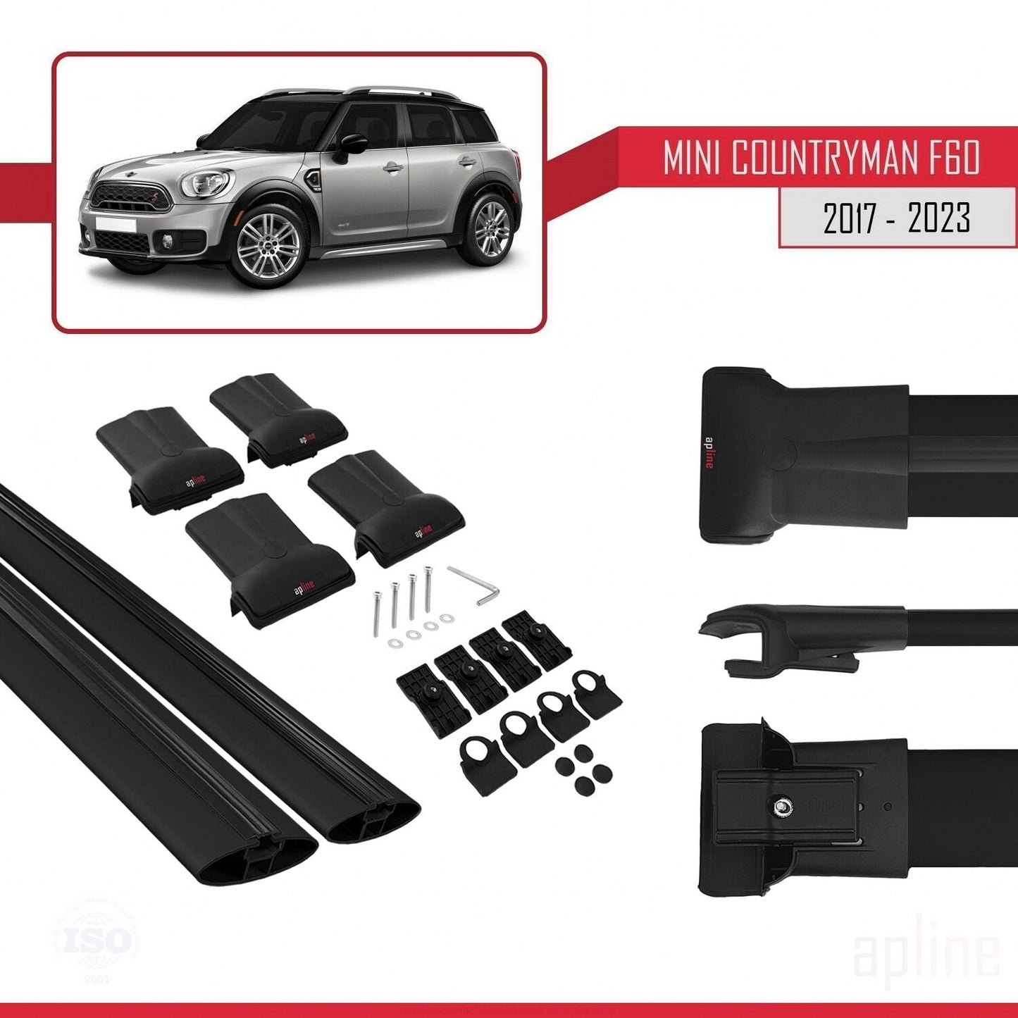 Compatible avec Mini Countryman 2 (F60) 2017-2023 FLY Model Barres de Toit Railing Porte-Bagages de Voiture Noir Aluminium 2 Barres