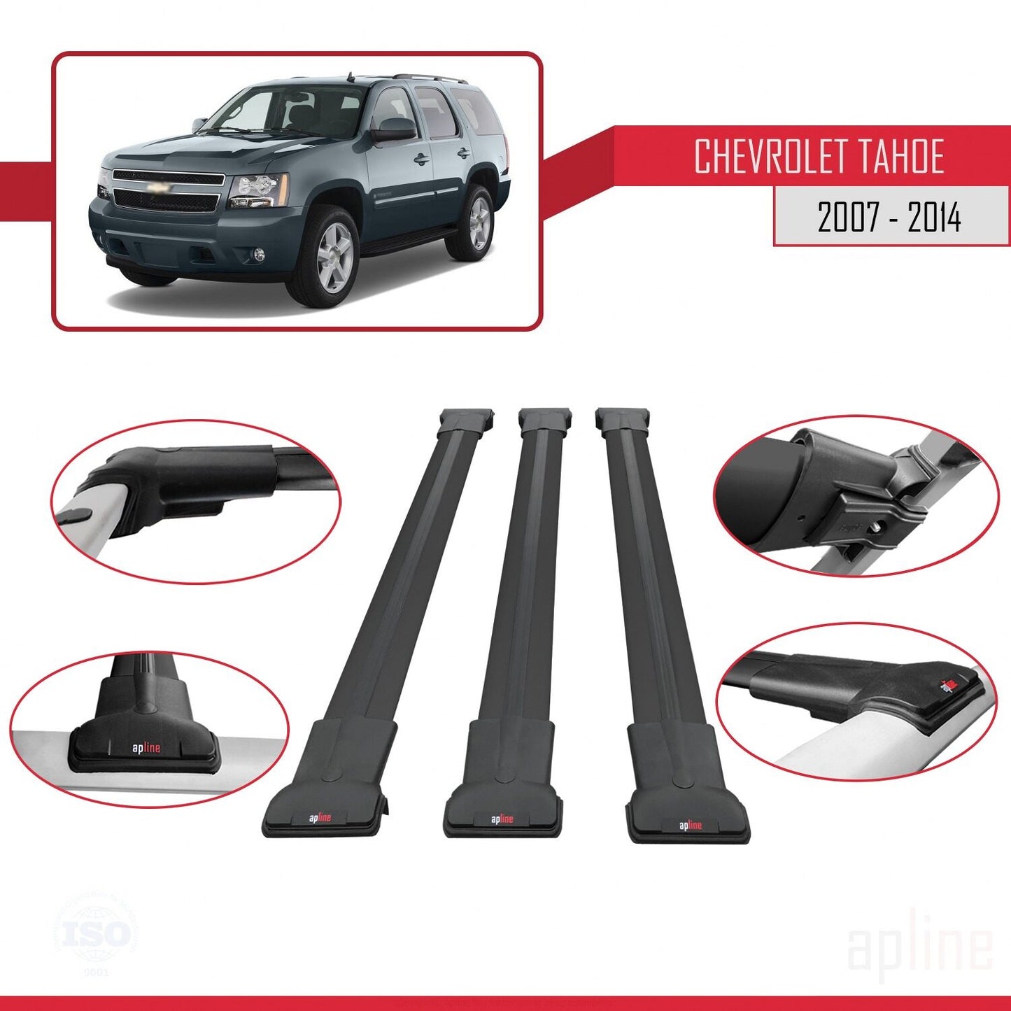 Compatible avec Chevrolet Tahoe 3 2007-2014 FLY Model Barres de Toit Railing Porte-Bagages de Voiture Noir Aluminium 3 Barres