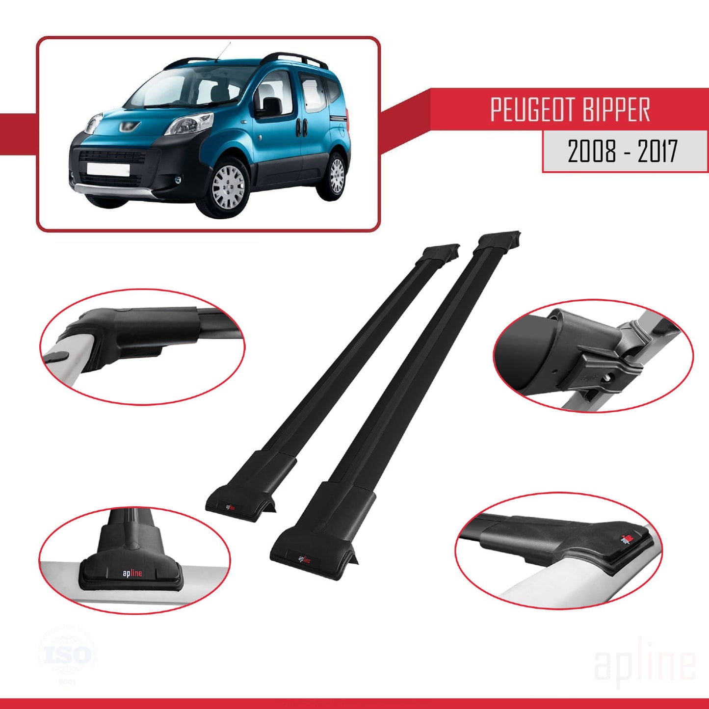 Compatible with Peugeot Bipper 2008-2017 FLY Model Car Roof Rack Cross Bar Black Aluminium 2 Bars