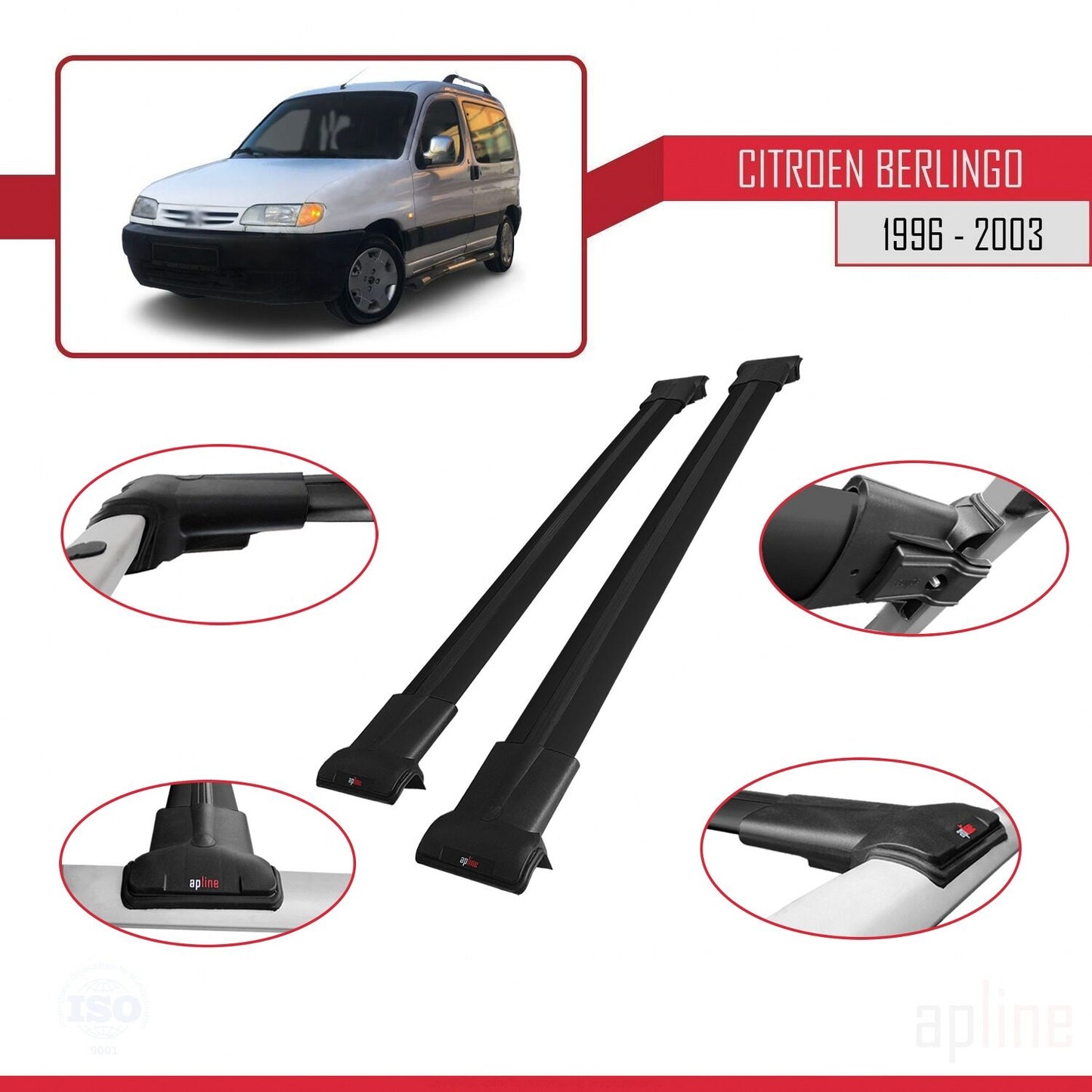 Compatible avec Citroen Berlingo (M49) 1996-2003 FLY Model Barres de Toit Railing Porte-Bagages de Voiture Noir Aluminium 2 Barres