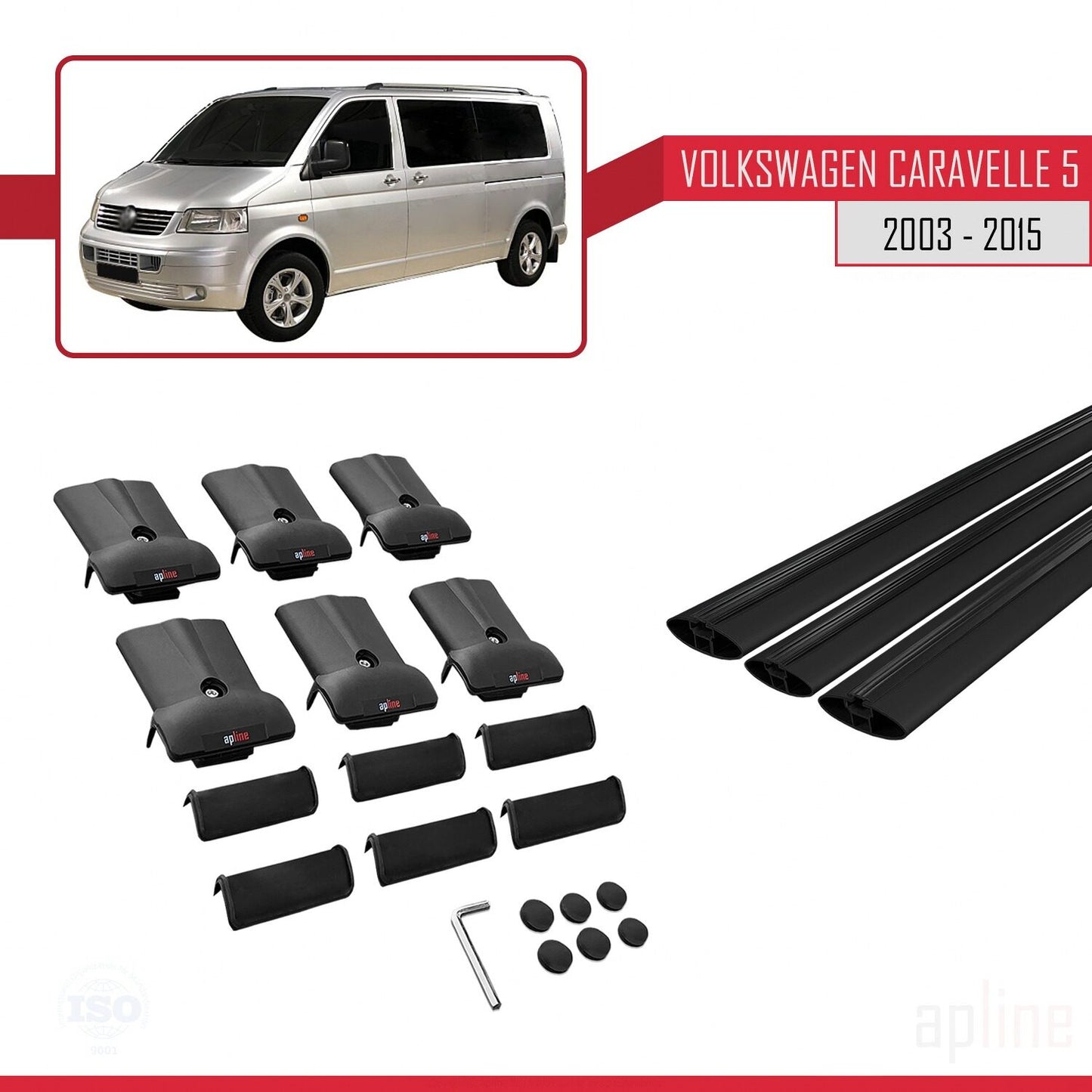 Compatible avec Volkswagen T5 Caravelle 2003-2015 FLY Model Barres de Toit Railing Porte-Bagages de Voiture Noir Aluminium 3 Barres