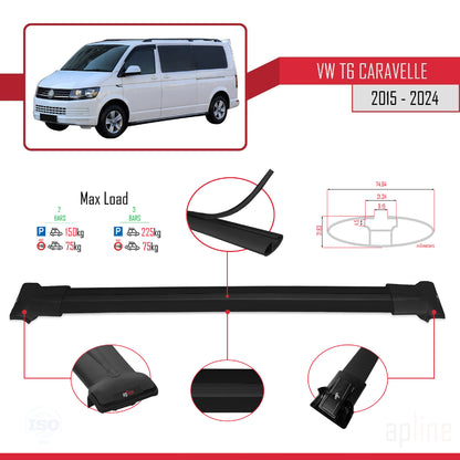 Compatible avec Volkswagen T6 Caravelle 2015-2024 FLY Model Barres de Toit Railing Porte-Bagages de Voiture Noir Aluminium 2 Barres