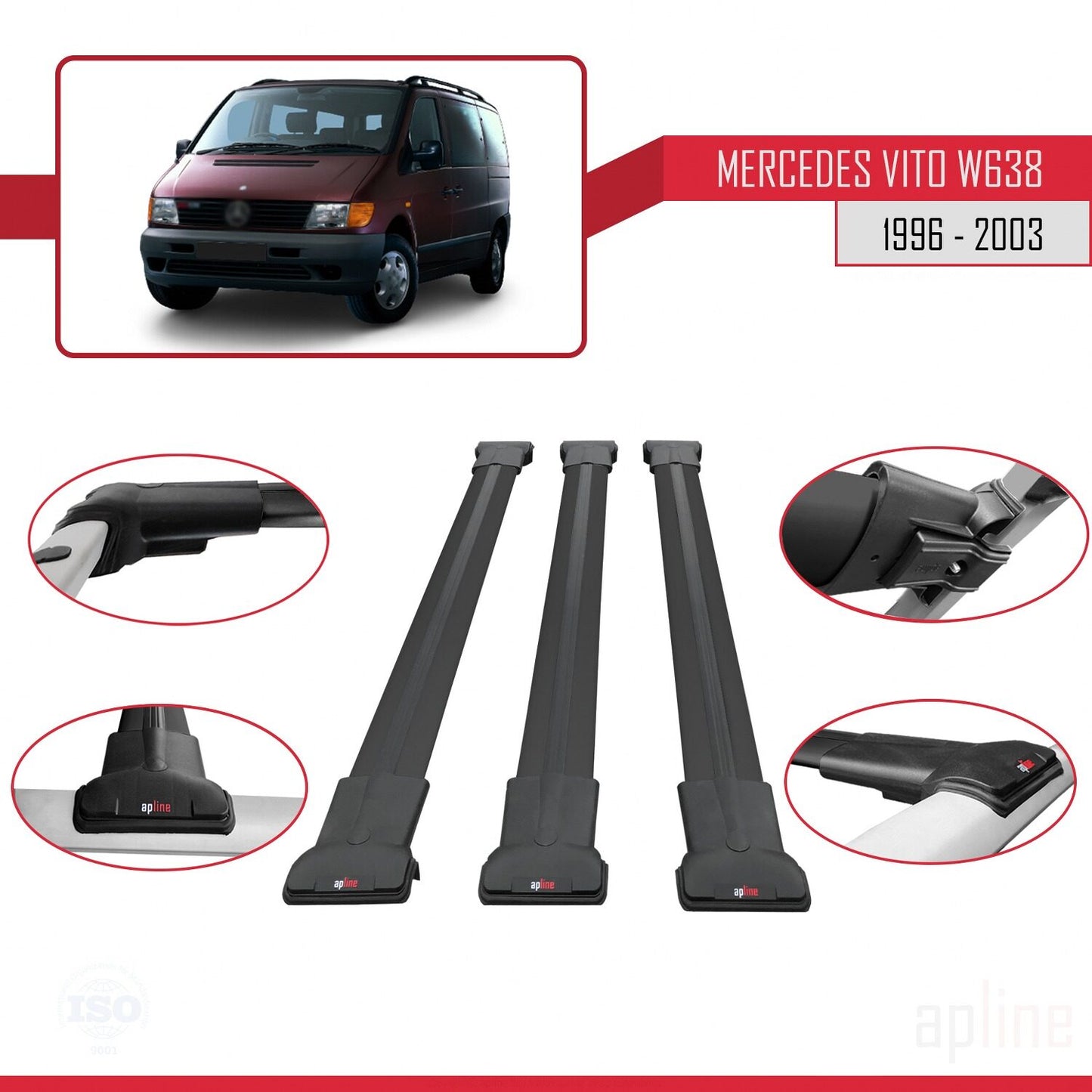 Compatible with Mercedes Vito (W638) 1996-2003 FLY Model Car Roof Rack Cross Bar Black Aluminium 3 Bars