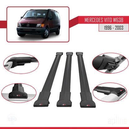 Compatible with Mercedes Vito (W638) 1996-2003 FLY Model Car Roof Rack Cross Bar Black Aluminium 3 Bars