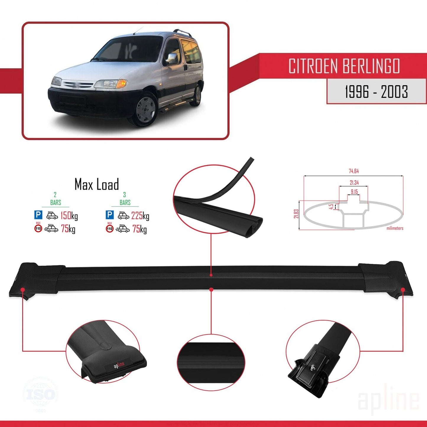 Compatible avec Citroen Berlingo (M59) 2003-2008 FLY Model Barres de Toit Railing Porte-Bagages de Voiture Noir Aluminium 2 Barres
