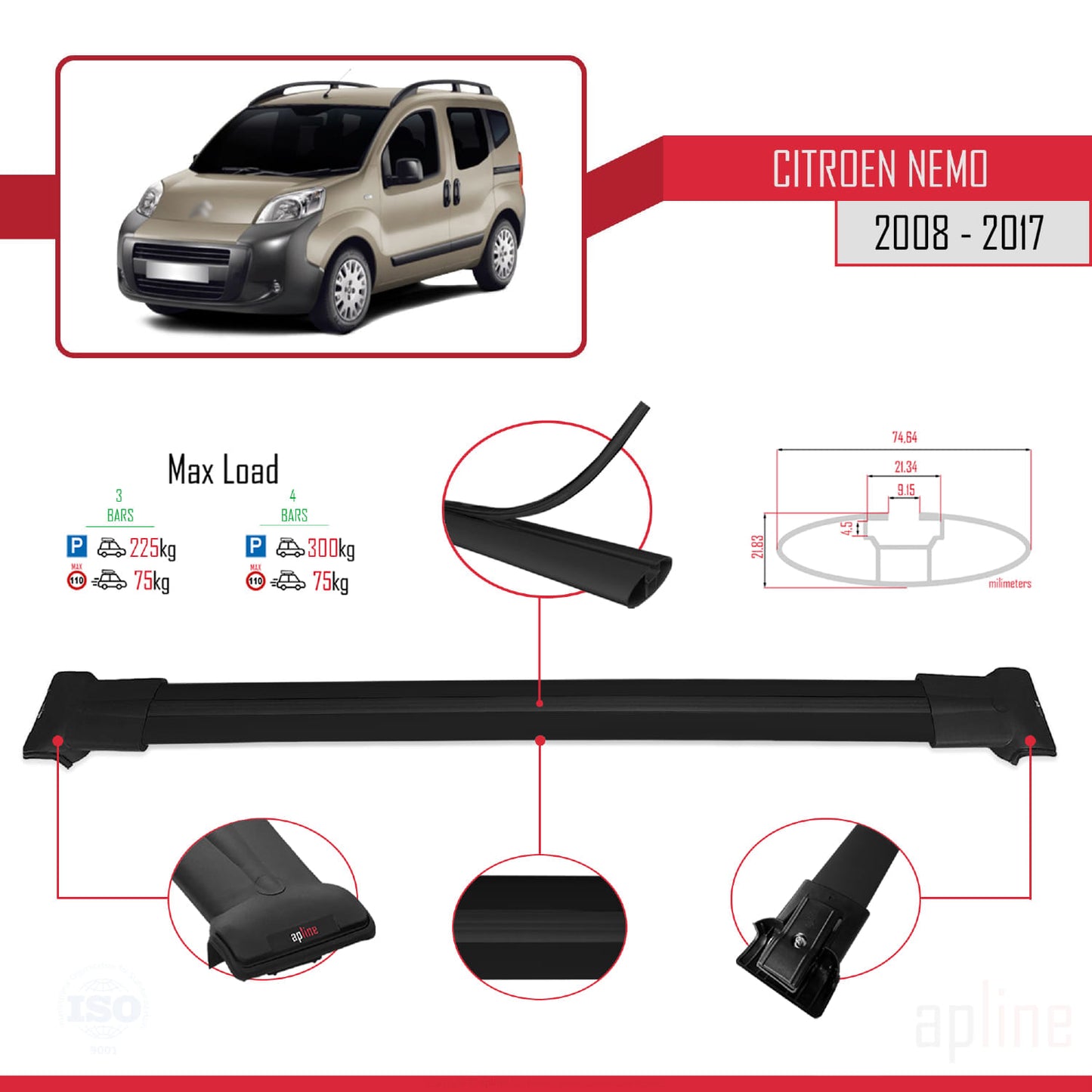 Compatible avec Citroen Nemo 3 (225) 2008-2017 FLY Model Barres de Toit Railing Porte-Bagages de Voiture Noir Aluminium 3 Barres