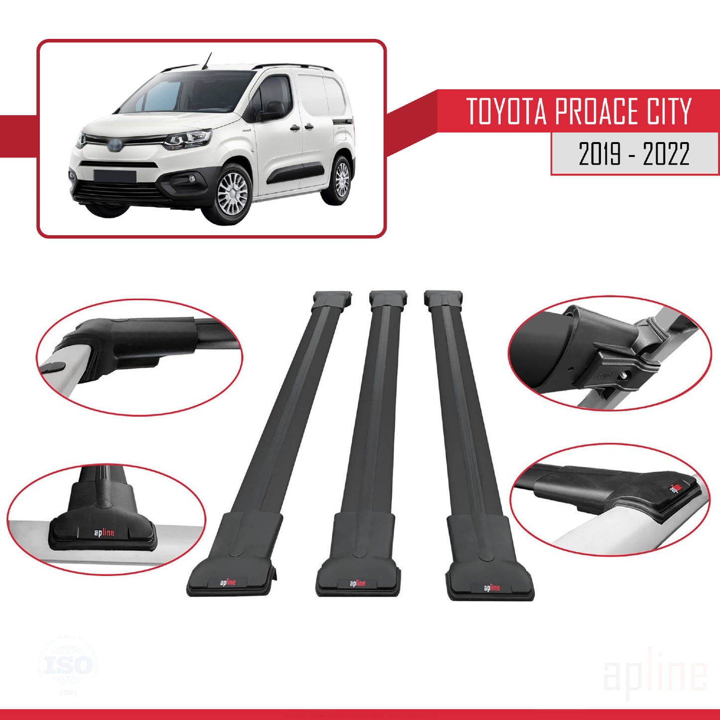 Compatible avec Toyota Proace City 2019-2022 FLY Model Barres de Toit Railing Porte-Bagages de Voiture Noir Aluminium 3 Barres