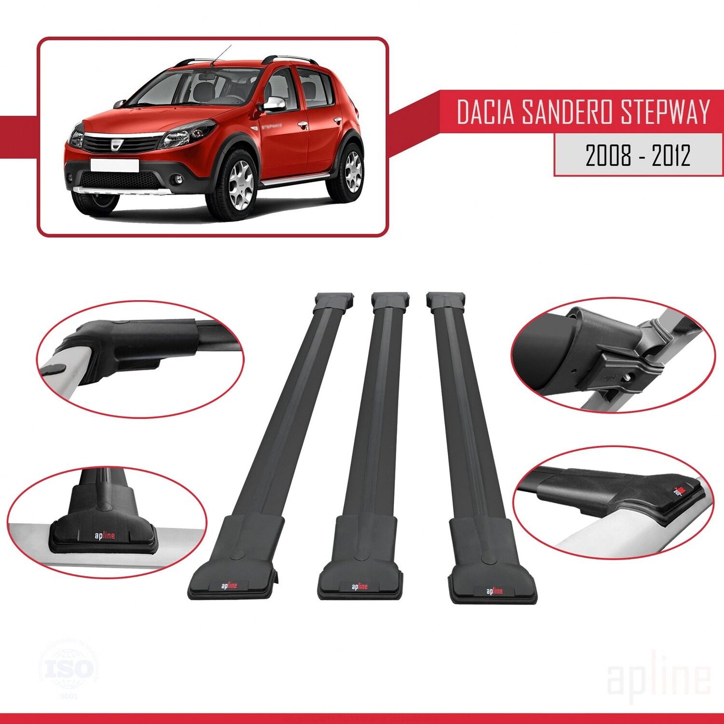 Compatible avec Dacia Sandero Stepway 2008-2012 FLY Model Barres de Toit Railing Porte-Bagages de Voiture Noir Aluminium 3 Barres