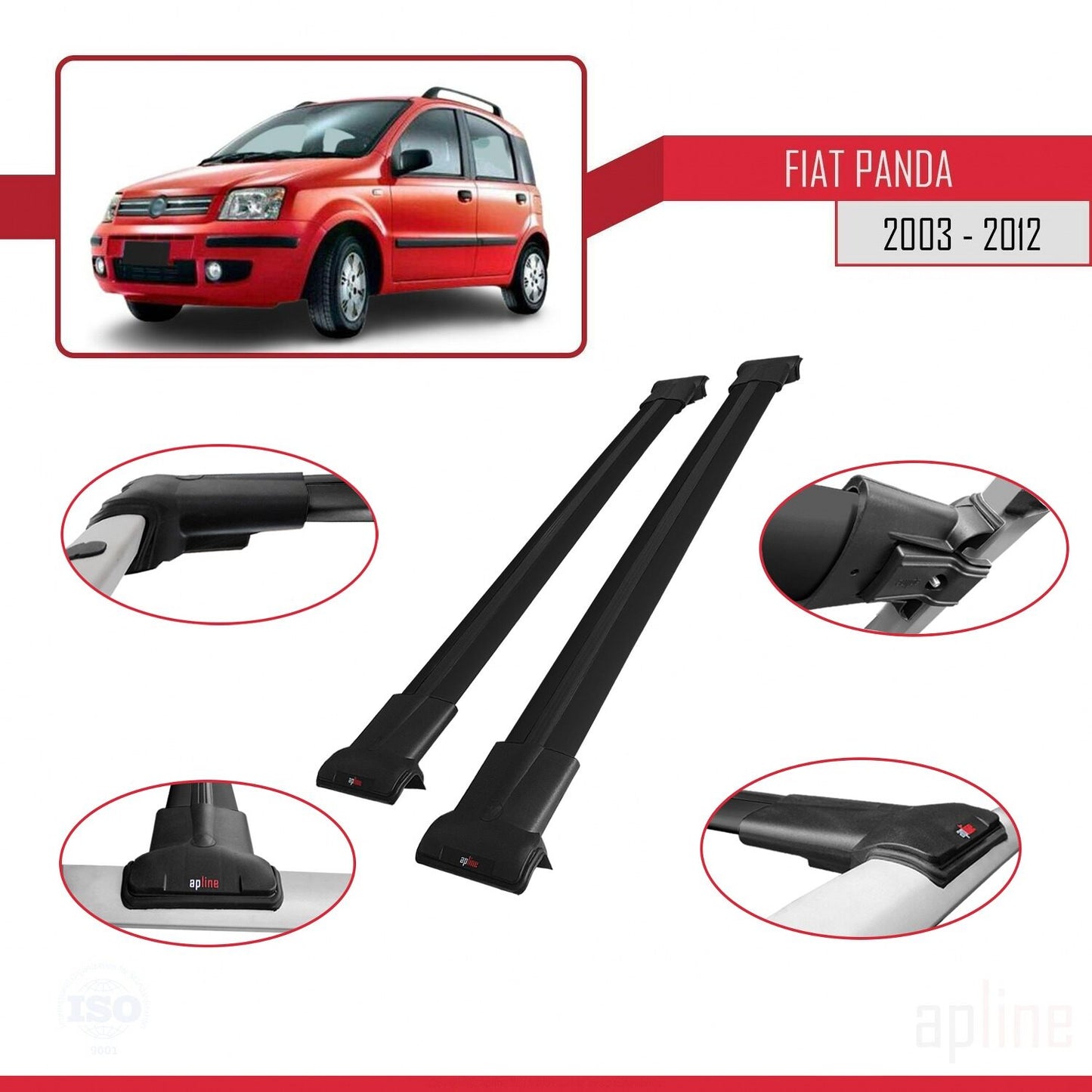 Compatible avec Fiat Panda 2 (169) 2003-2012 FLY Model Barres de Toit Railing Porte-Bagages de Voiture Noir Aluminium 2 Barres