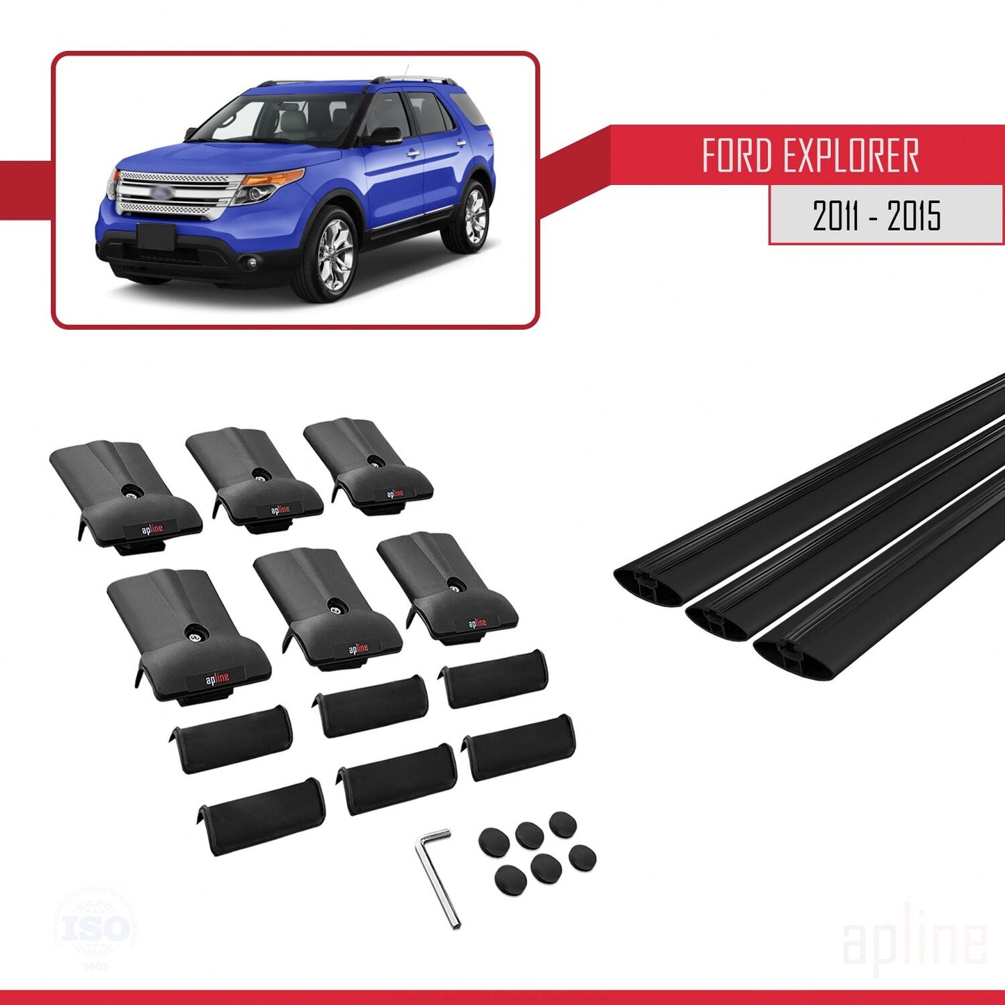Compatible avec Ford Explorer 5 (U502) Pre-Facelift 2011-2015 FLY Model Barres de Toit Railing Porte-Bagages de Voiture Noir Aluminium 3 Barres