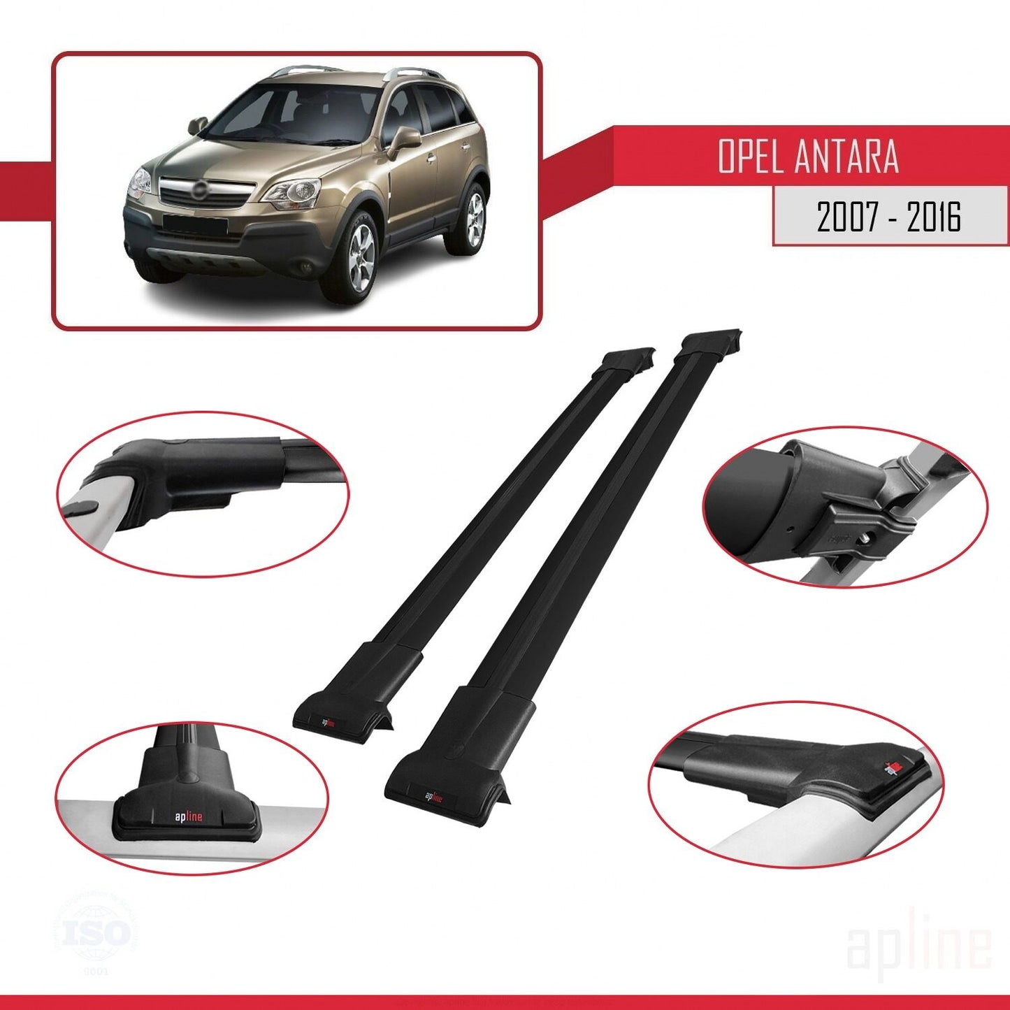 Compatible avec Opel Antara 2007-2016 FLY Model Barres de Toit Railing Porte-Bagages de Voiture Noir Aluminium 2 Barres